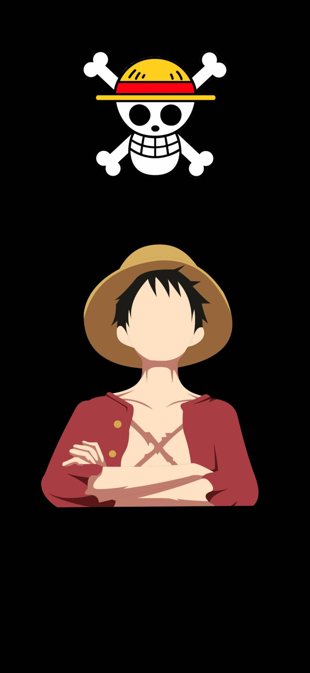 Luffy Aesthetic 桌布 壁紙 — 戴草帽和紅色外套的動漫角色站在黑色背景下的骷髏旗下方。