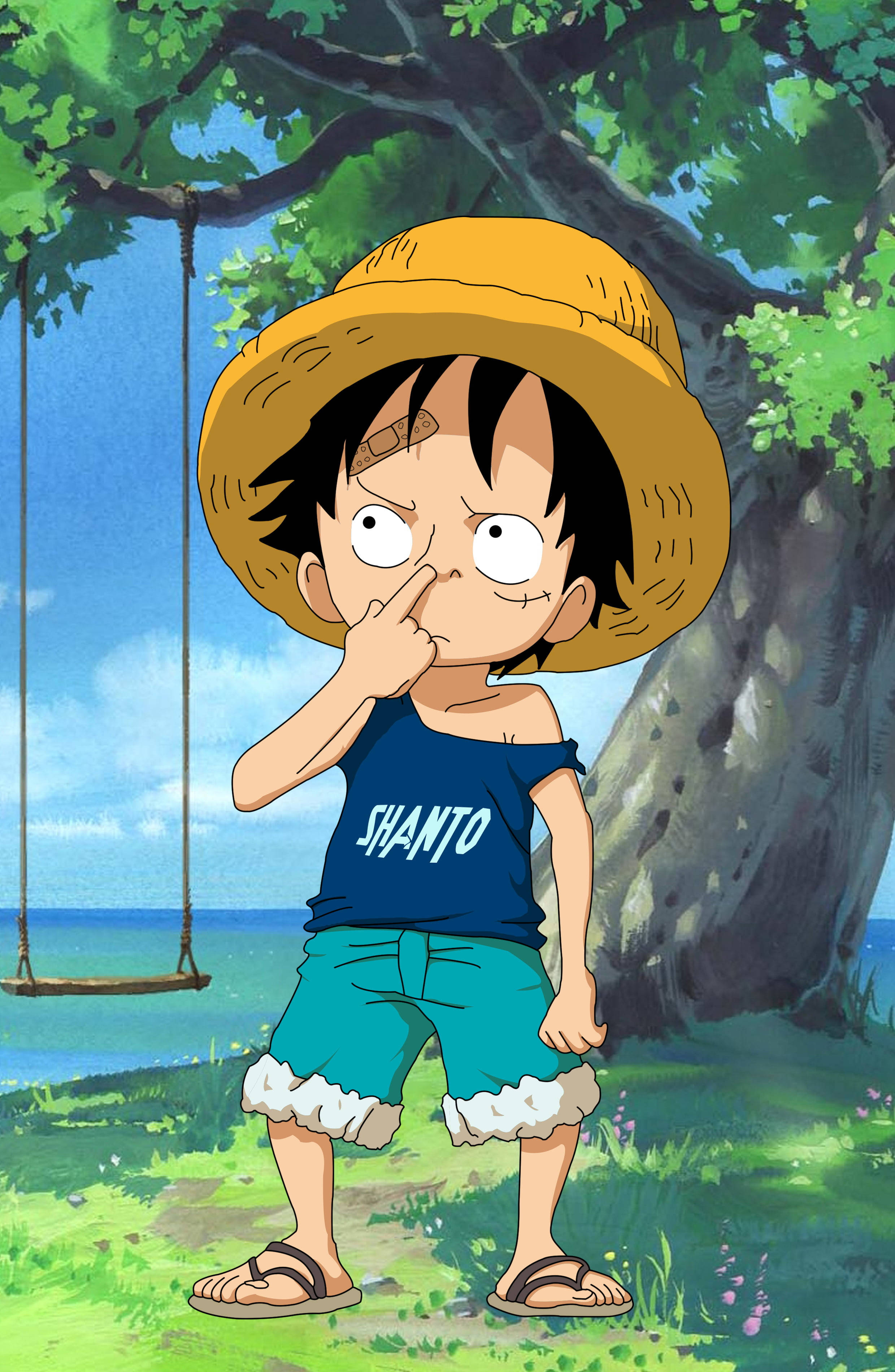 Luffy 桌布 壁紙 — 戴草帽的年輕動漫男孩站在海邊鞦韆旁的樹下，手指放在嘴唇上思考。