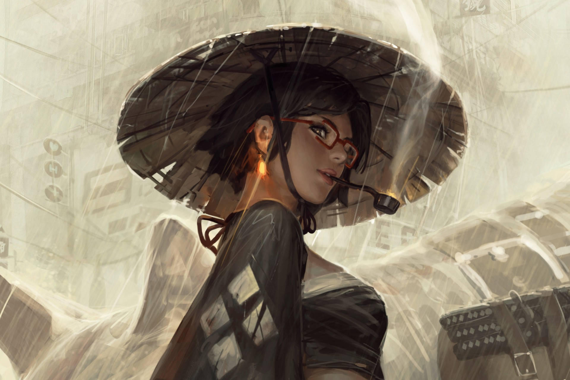戴紅色眼鏡和雨傘的女子在雨中城市小巷行走