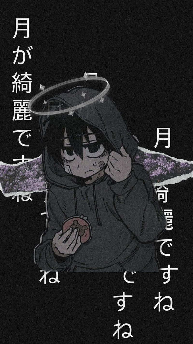戴著光環的冷酷憂鬱男孩 壁紙 — 一個憂鬱的動漫角色穿著連帽衫，拿著一個甜甜圈，光環漂浮在頭頂上方，背景為深色並帶有日文字。