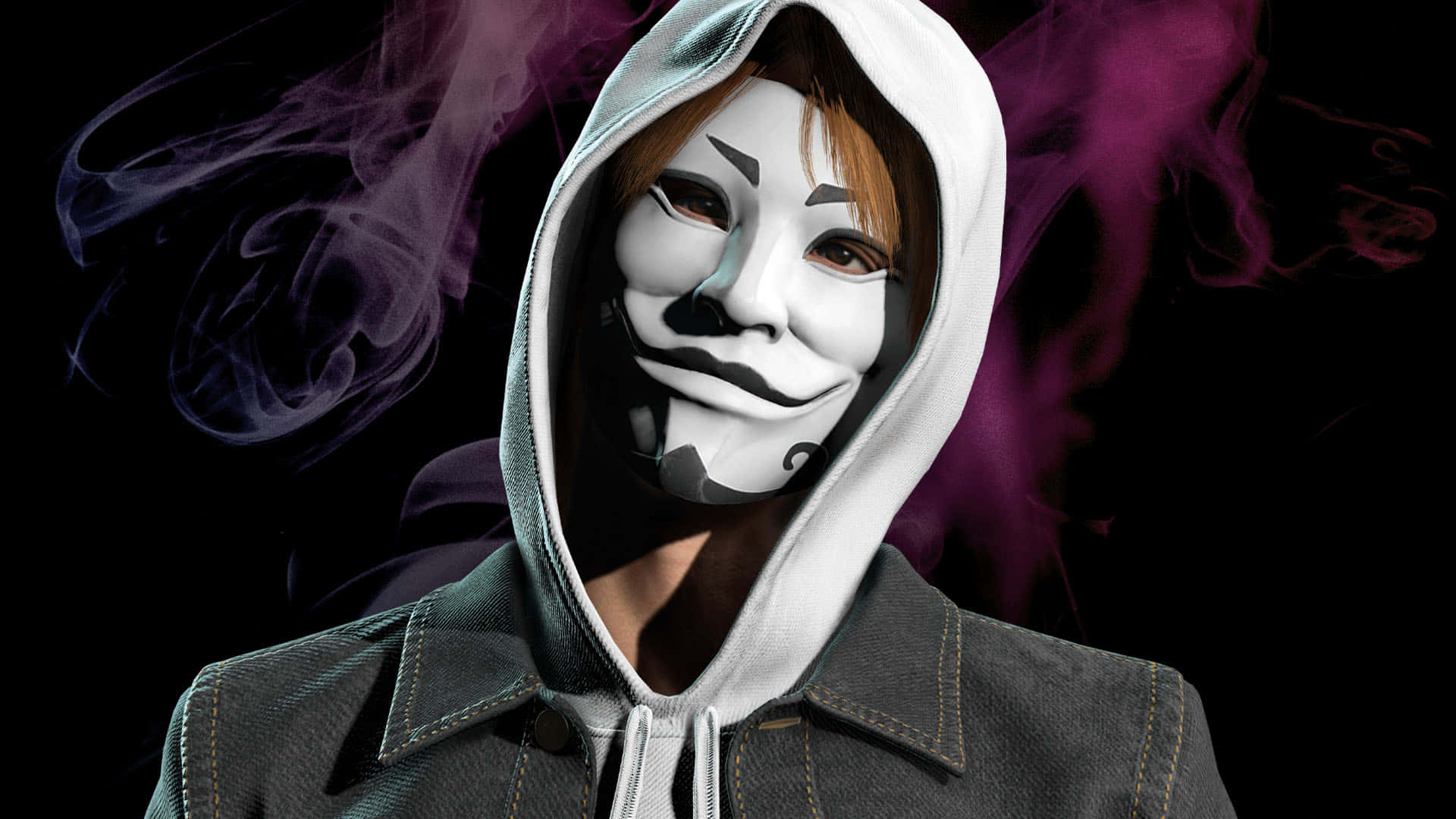 戴著冷笑面具的男子畫面 壁紙 — 一名穿著連帽衫的人戴著白色蓋伊·福克斯面具，背後有紫色和藍色的煙霧在黑色背景上旋轉。