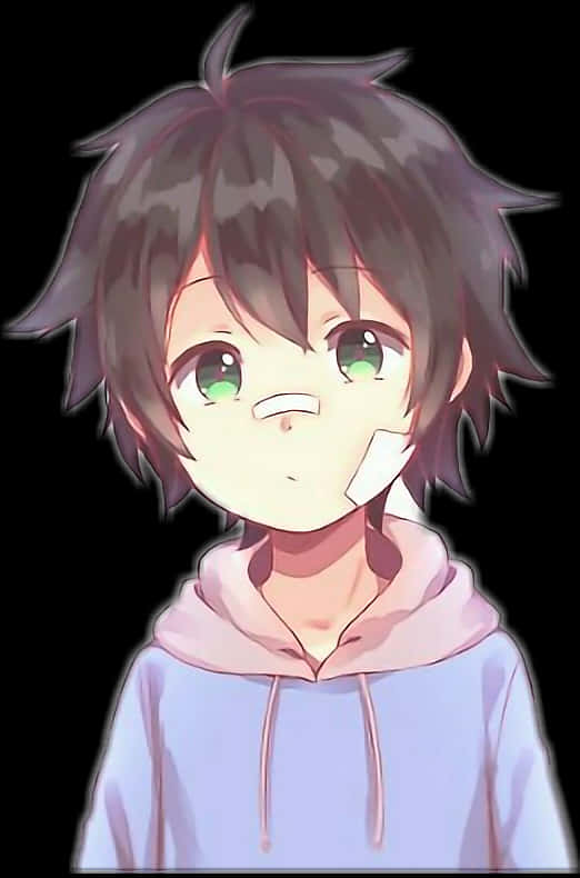 戴著創可貼的動漫男孩 壁紙 — 一個可愛的動漫男孩，有著凌亂的黑髮和明亮的綠眼睛，穿著淺紫色連帽衫，背景是黑色。