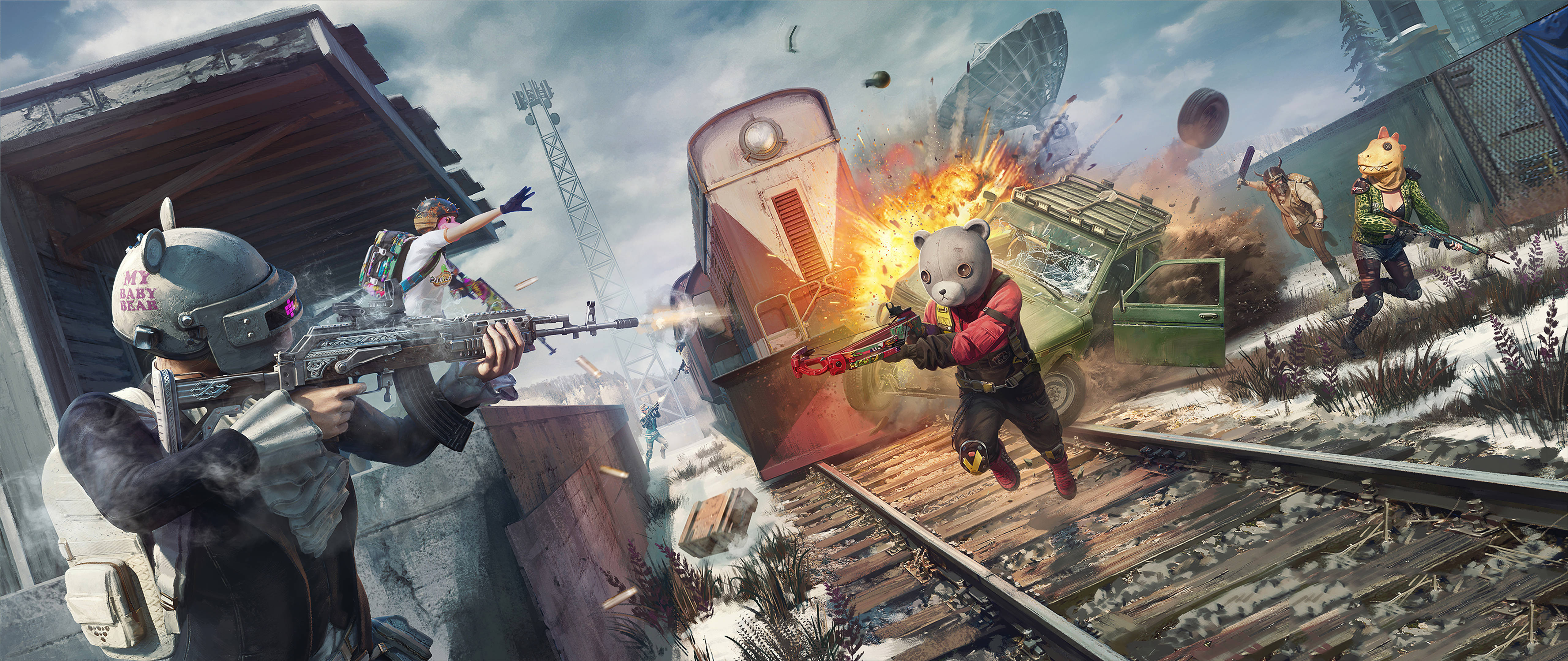 PUBG 桌布 壁紙 — 戴著動物面具的角色在雪地軌道上爆炸的火車殘骸中用槍械戰鬥。