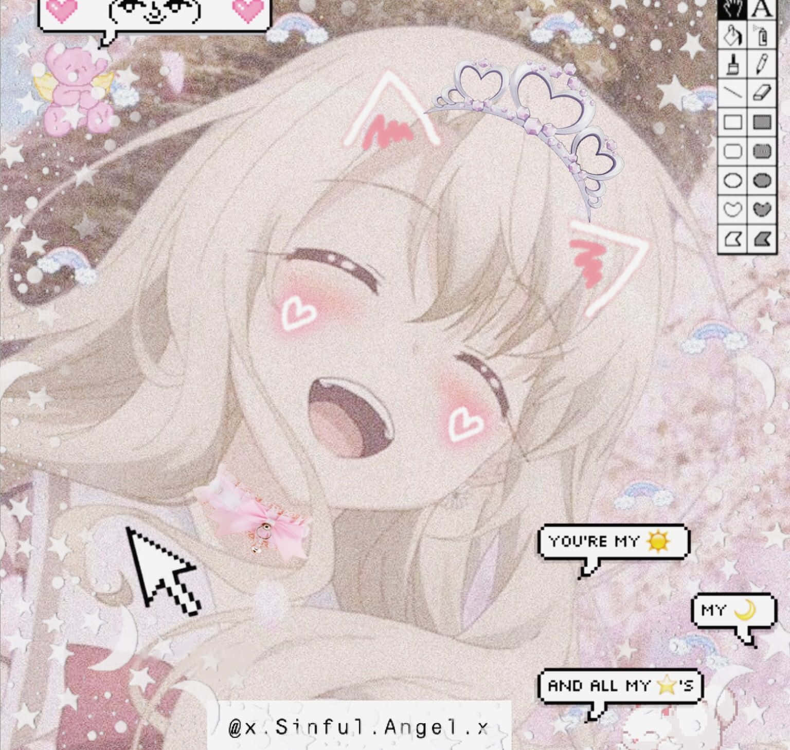 戴著可愛領結的黃色小鴨，享受美好一天。 壁紙 — 一個開心的動漫女孩，金髮和心形腮紅，在閃閃發光的粉紅色星星背景下燦爛微笑。