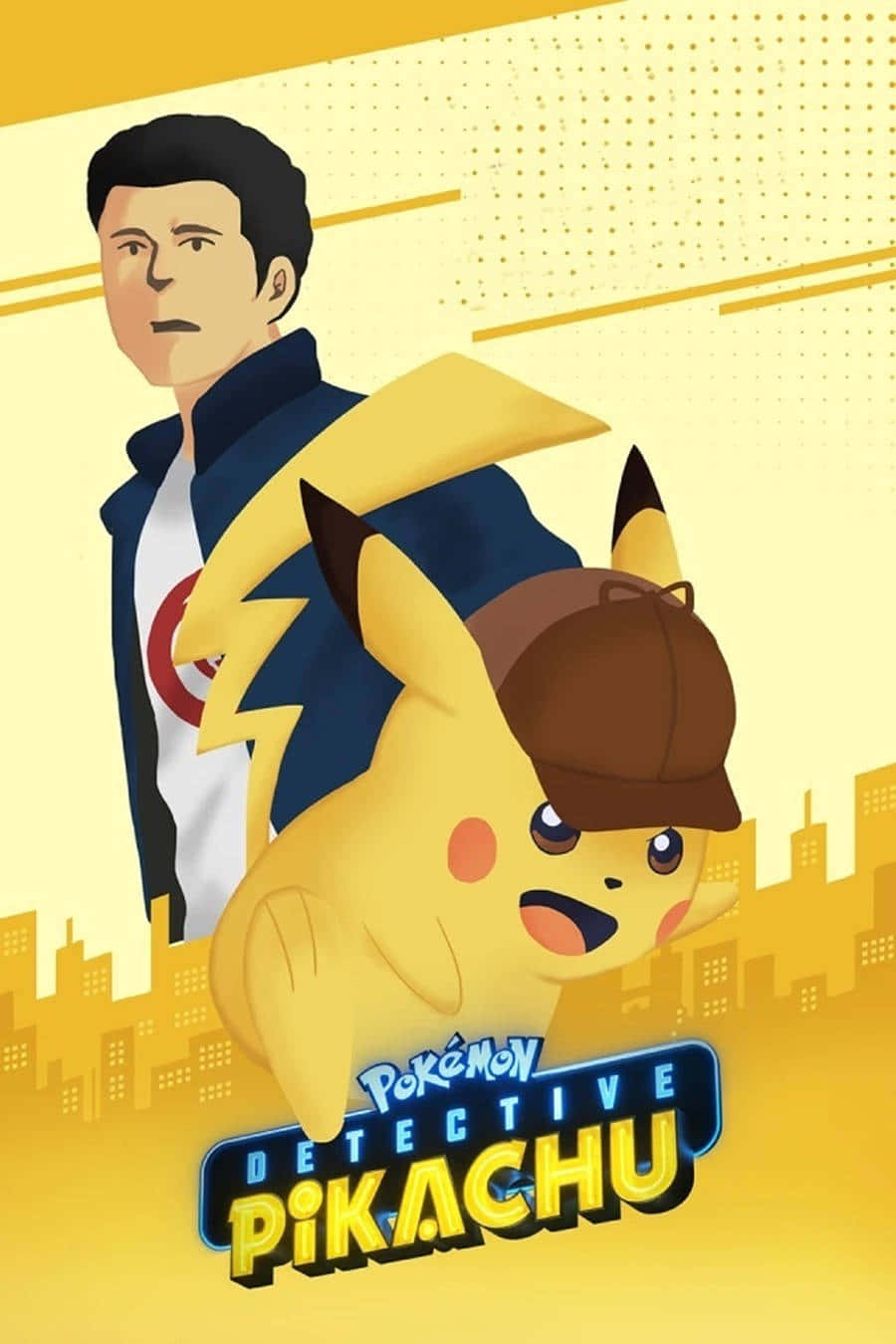 Pokemon Posters 桌布 壁紙 — 戴著棕色帽子的偵探皮卡丘站在人類偵探旁邊，背景是風格化的黃色城市景觀。