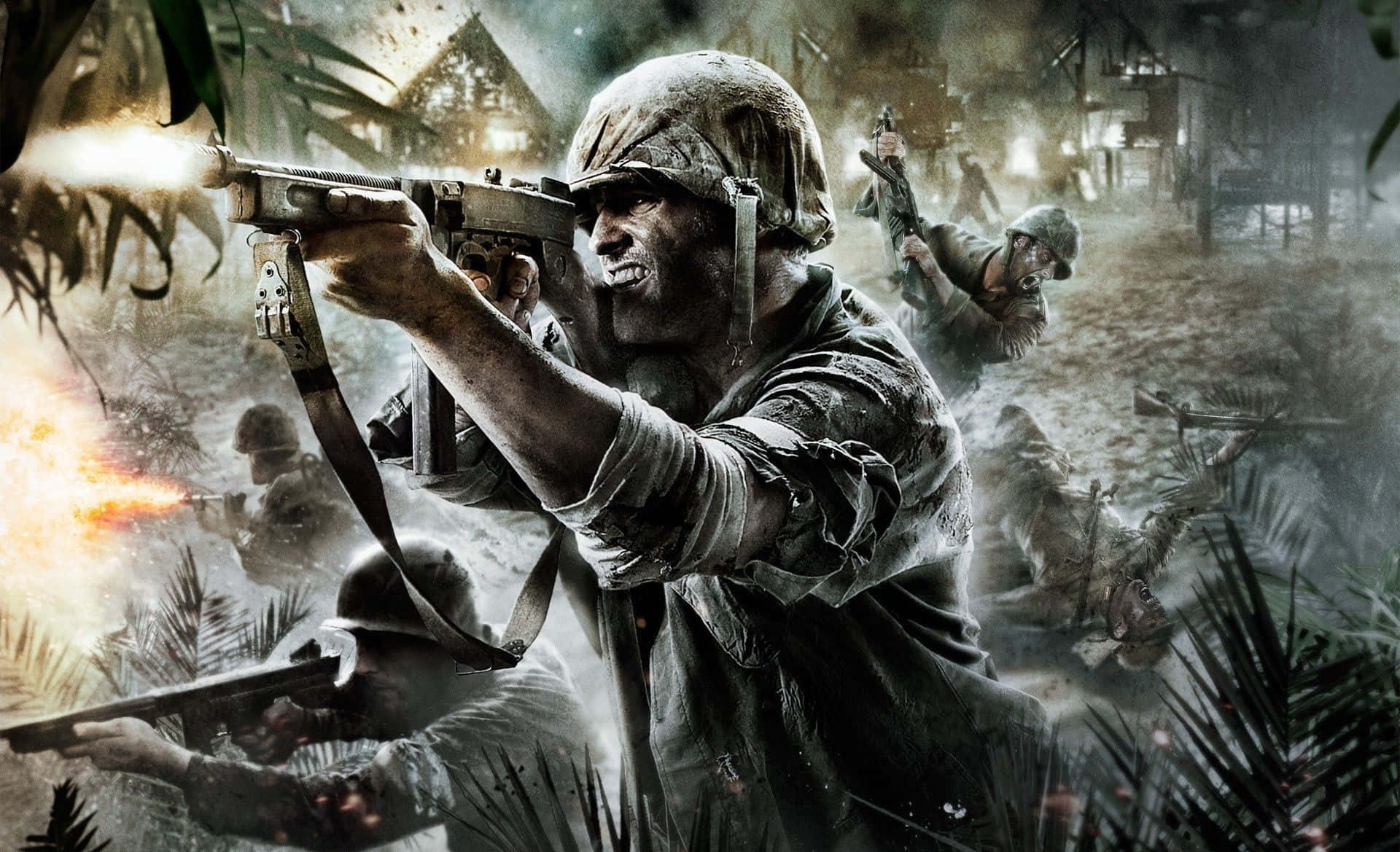 Call Of Duty Battles 桌布 壁紙 — 戴著泥濘頭盔的士兵在叢林戰中開火，伴隨著爆炸和煙霧。