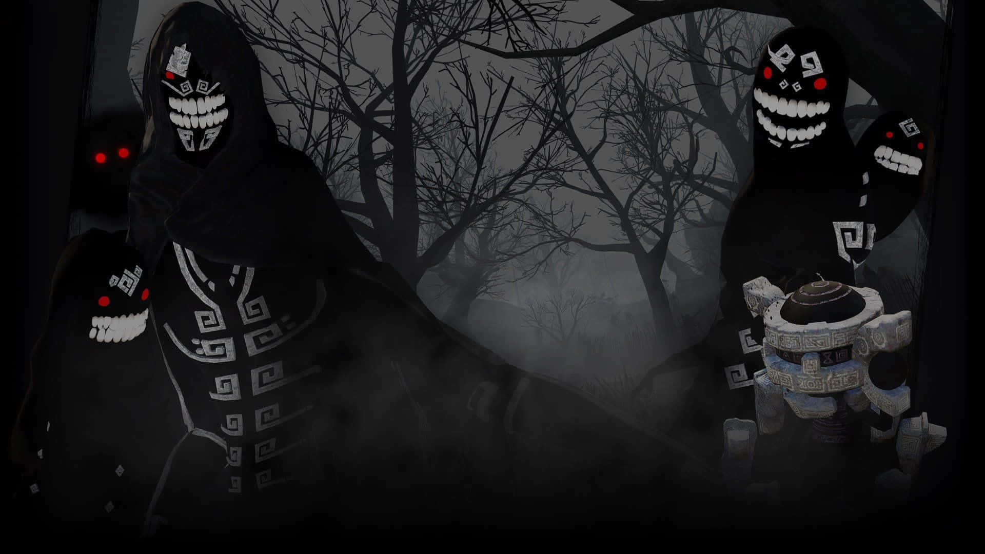 Dark Spirit 桌布 壁紙 — 戴著白色幾何面具、眼睛發出紅光的幽靈般兜帽人物，夜晚站在迷霧籠罩的鬧鬼森林中。