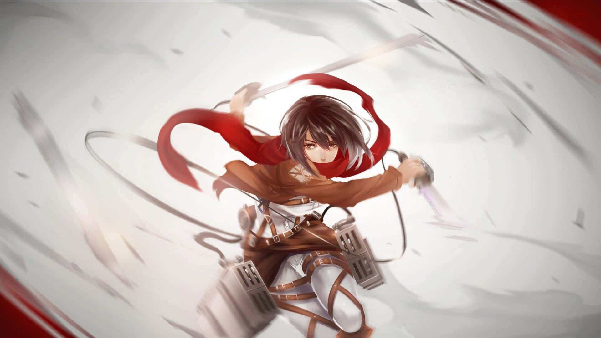 Attack On Titan Poster 桌布 壁紙 — 戴著紅色圍巾和裝備的動漫女孩在動態模糊的白色空間中揮劍，帶有紅色點綴。