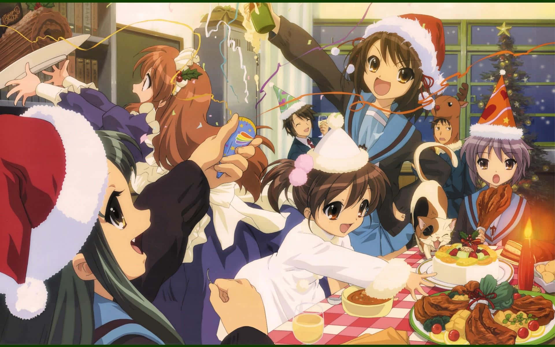 Haruhi Suzumiya 桌布 壁紙 — 戴著聖誕帽的動漫女孩圍著擺有蛋糕和裝飾的節日餐桌慶祝聖誕節。