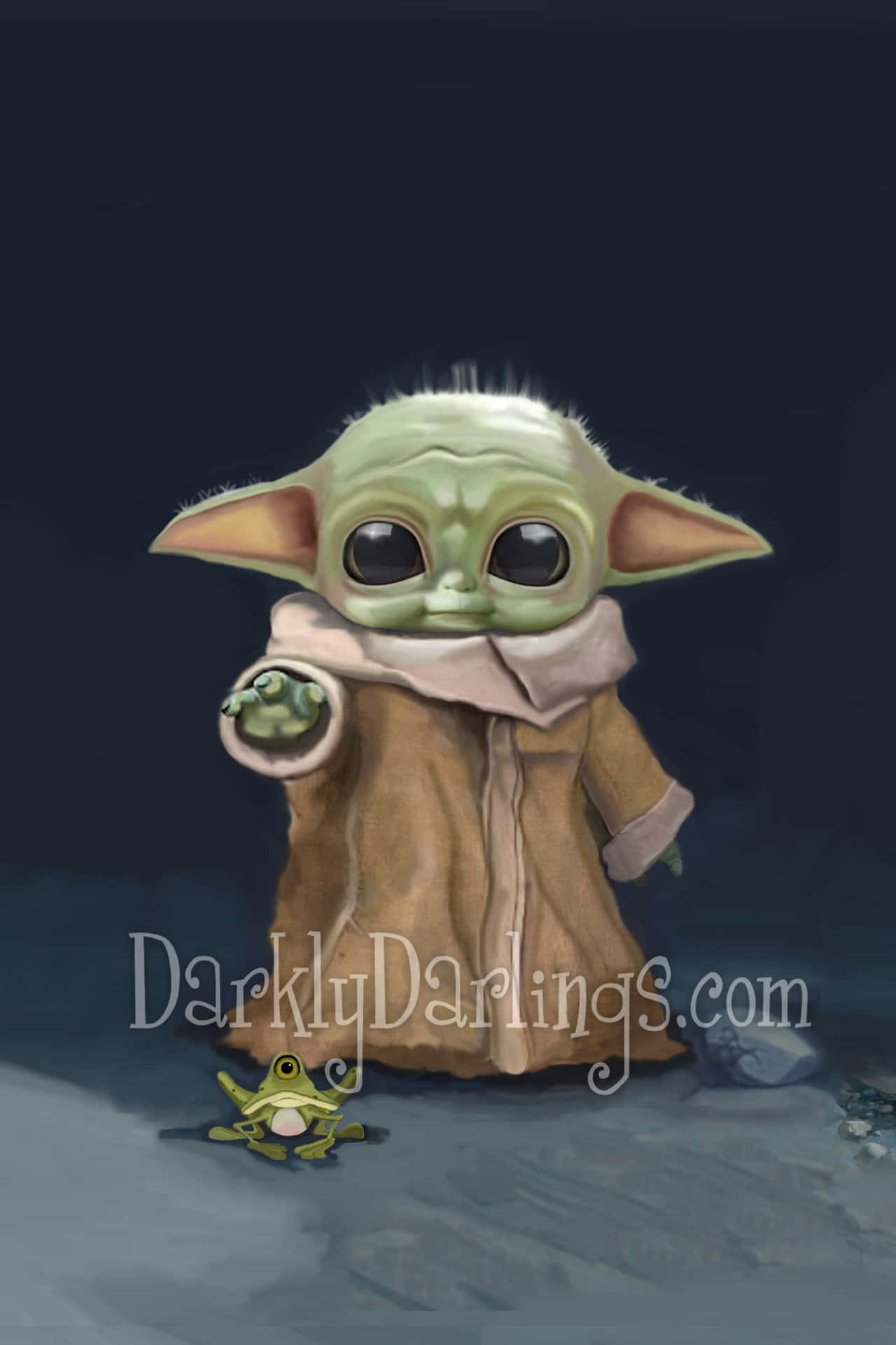 穿著長袍的 Baby Yoda 與附近的小青蛙在深色背景上。