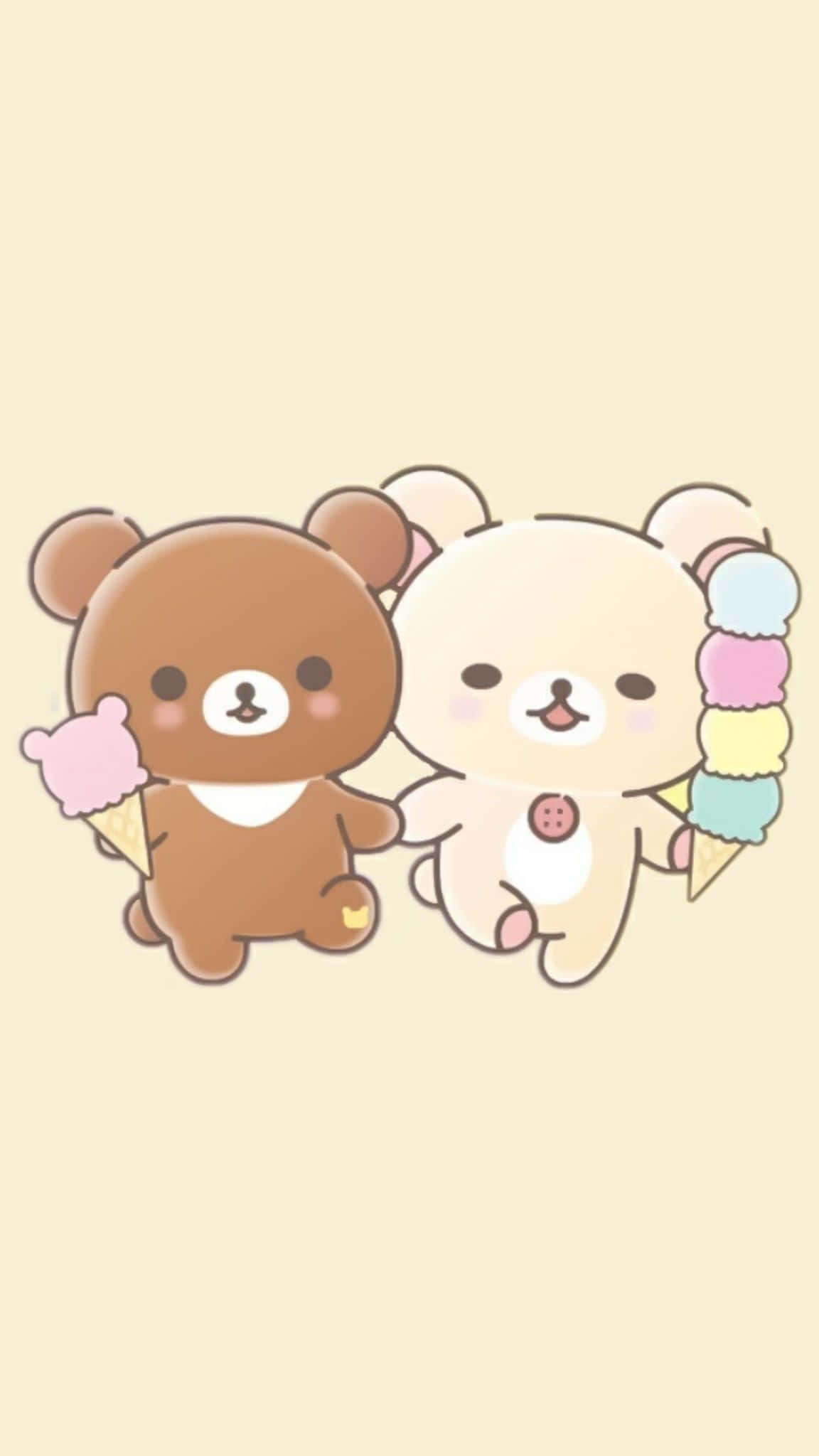 戴著蝴蝶結的可愛Rilakkuma玩偶 壁紙 — 兩隻可愛卡通熊喺柔和米色背景上拎住雪糕筒。