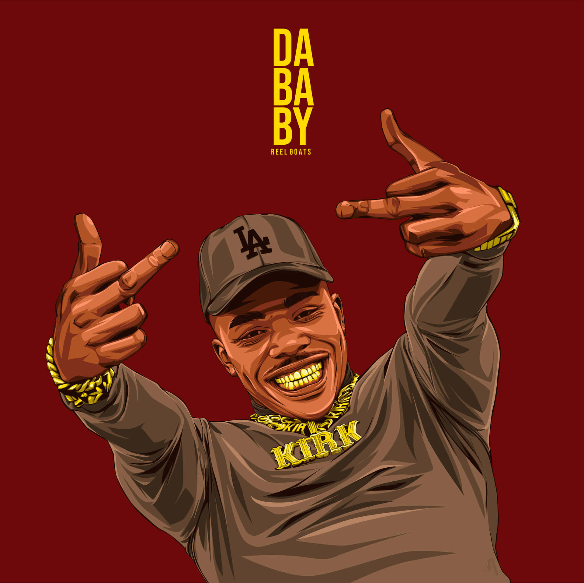說唱歌手 DaBaby 戴著帽子和金鏈，微笑並用雙手比劃。