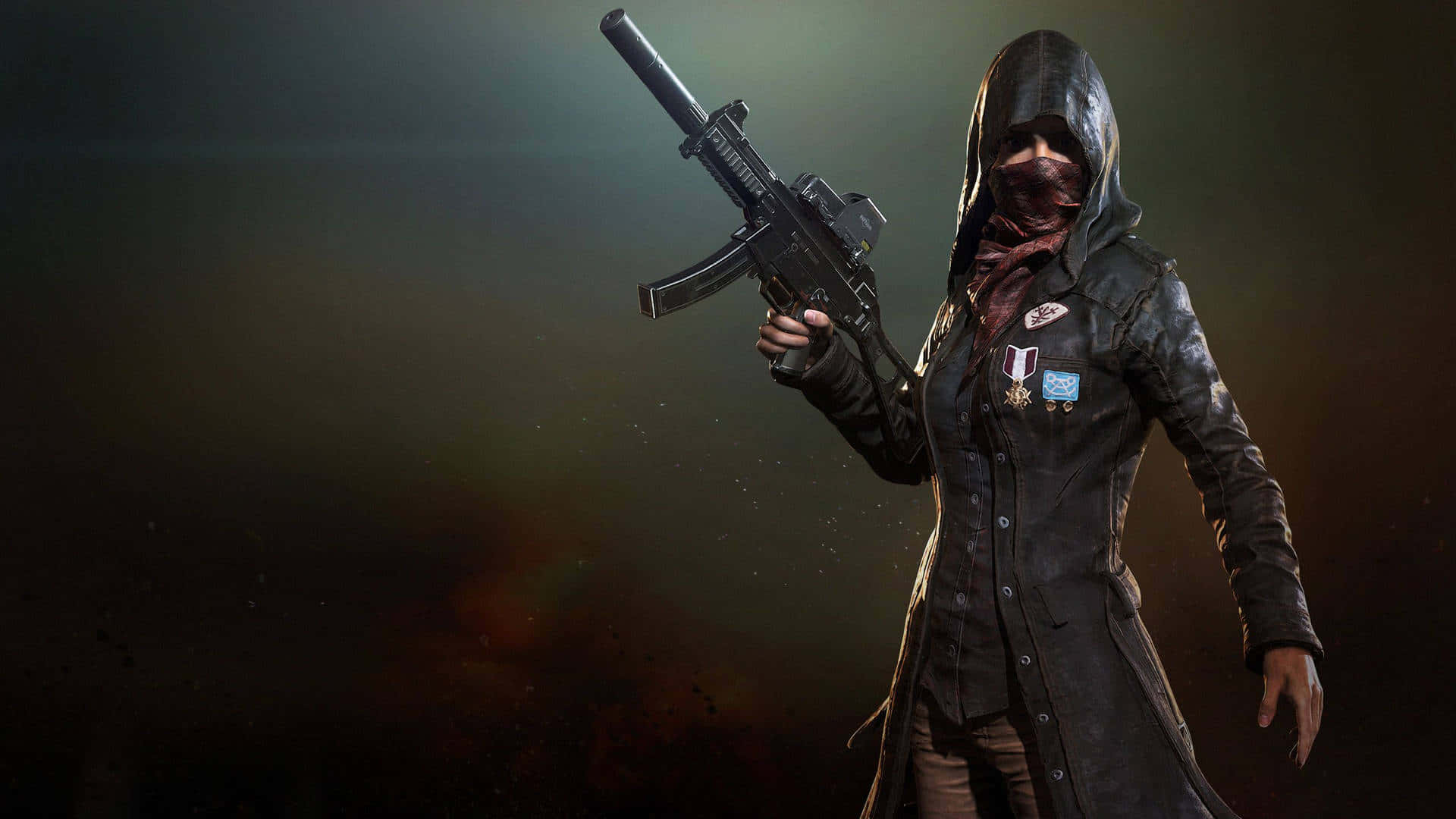 戴著面具的PUBG女孩 壁紙 — 一名身穿深色外套的戴帽士兵，在煙霧瀰漫、燈光昏暗的背景中手持步槍。