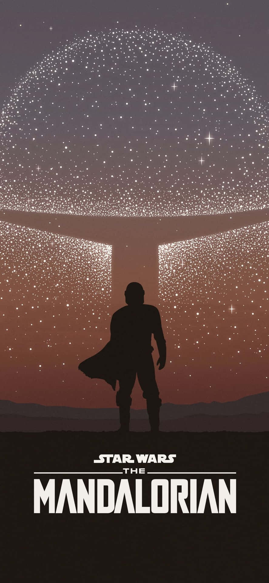 曼達洛人角色在暮色中站在滿是星星的穹頂下