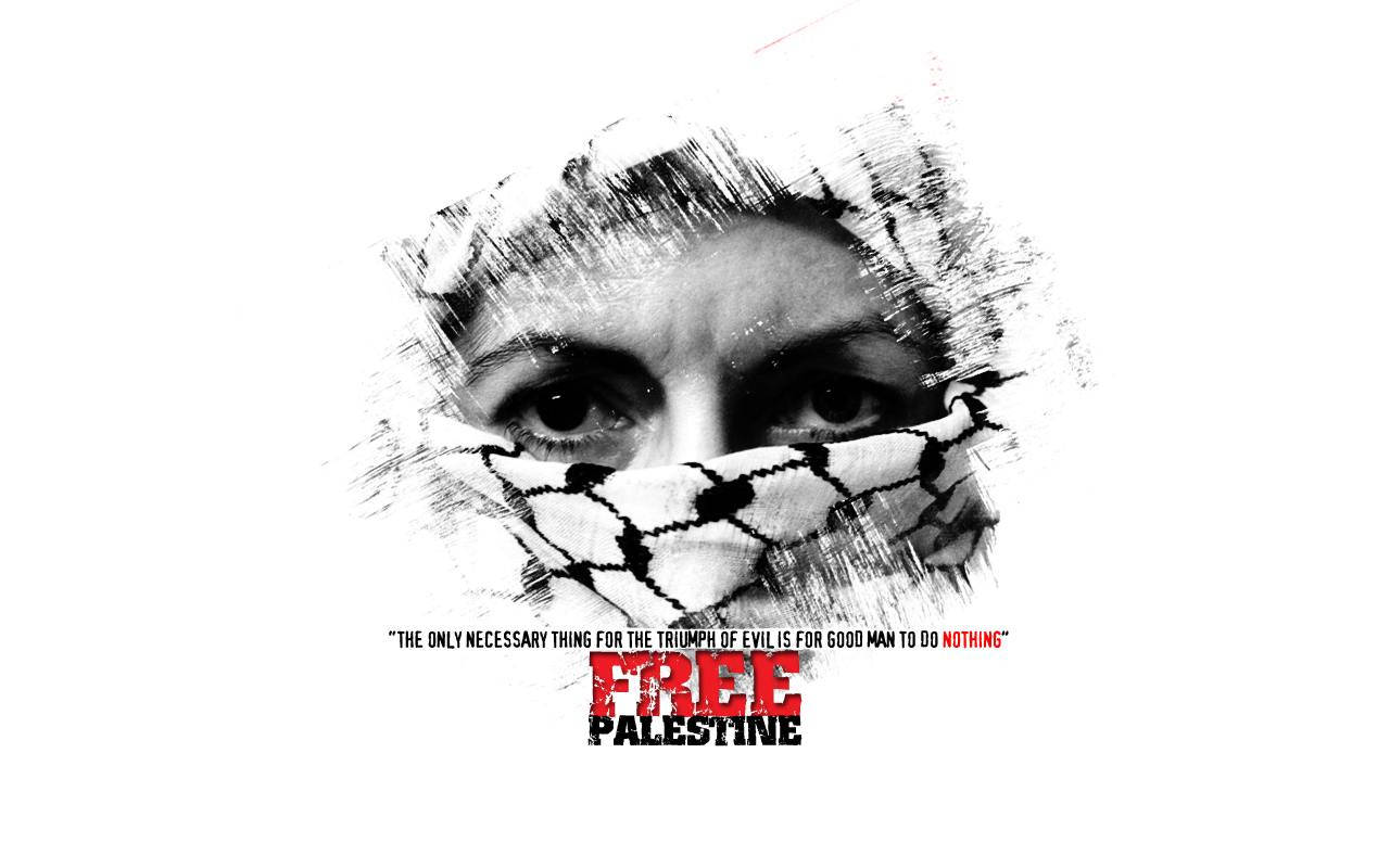 一個人的臉部被格子圍巾覆蓋，下方有 'FREE PALESTINE' 文字。