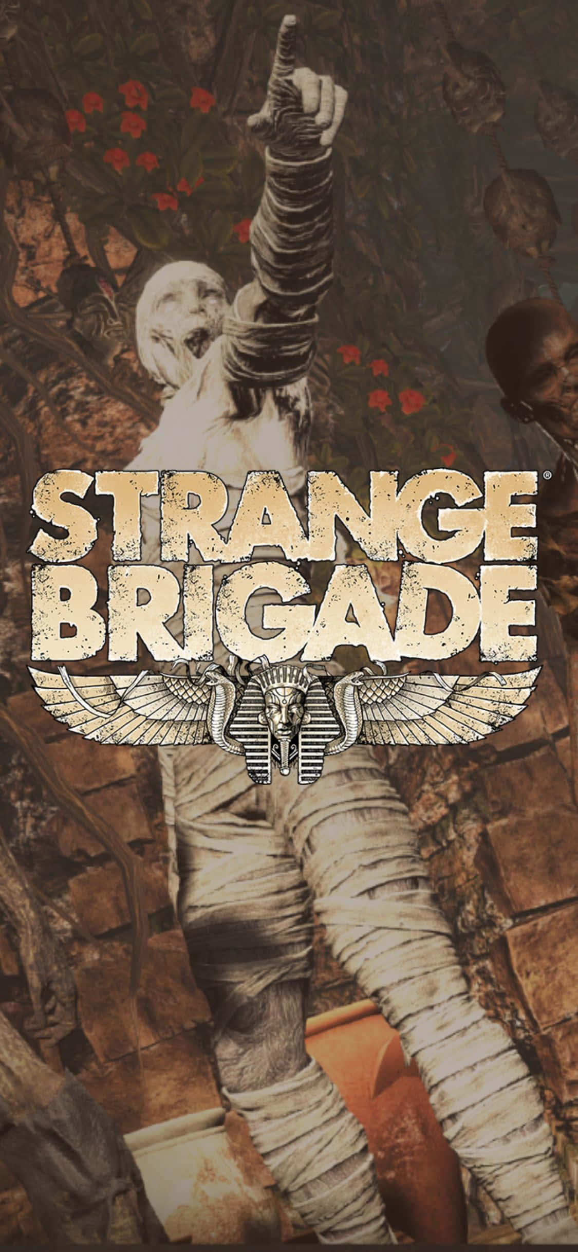 戴著頭盔的殭屍指向前方 iPhone X Strange Brigade 背景 壁紙 — 一個舉起拳頭的木乃伊人物，在戲劇性的燈光下站在古老的廢墟和紅花之中。