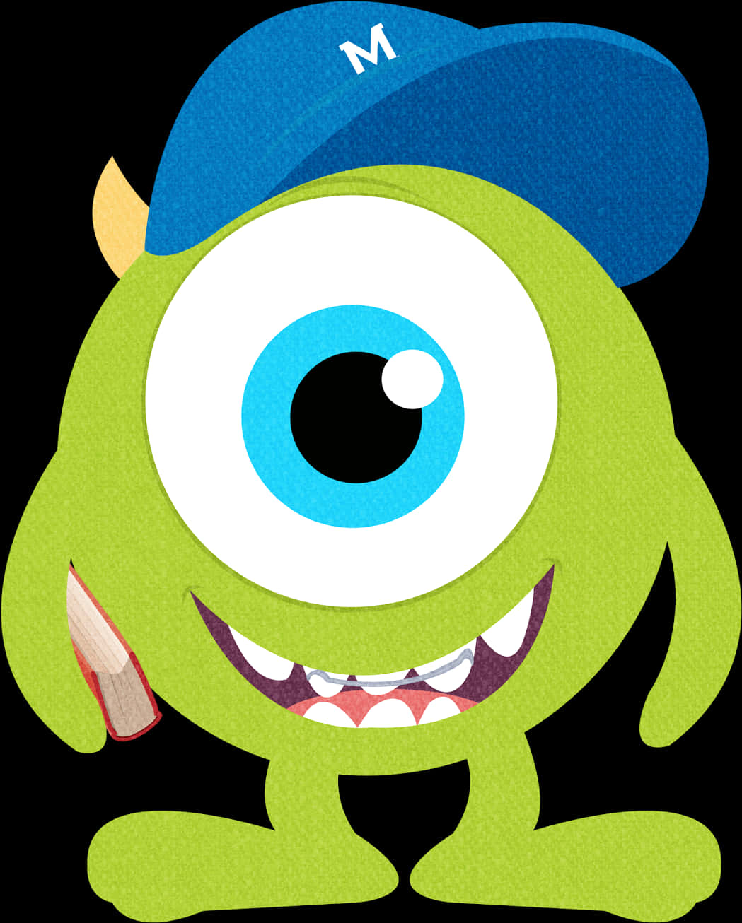 戴藍帽綠色卡通怪物 壁紙 — 一隻戴著印有M字的藍色帽子、手持鉛筆、對著黑色背景的開心綠色單眼怪物。