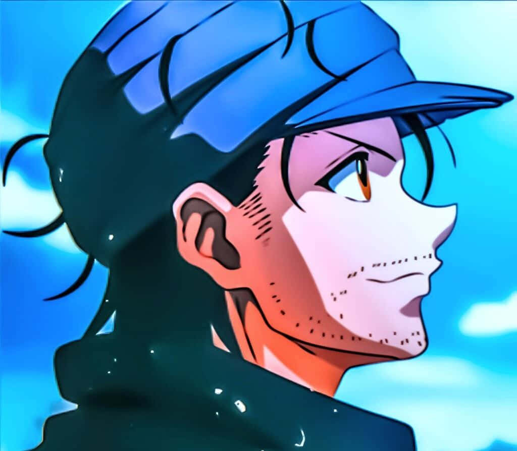 Ging Freecss 桌布 壁紙 — 戴藍色帽子的動漫角色以堅定的表情仰望明亮的藍天。