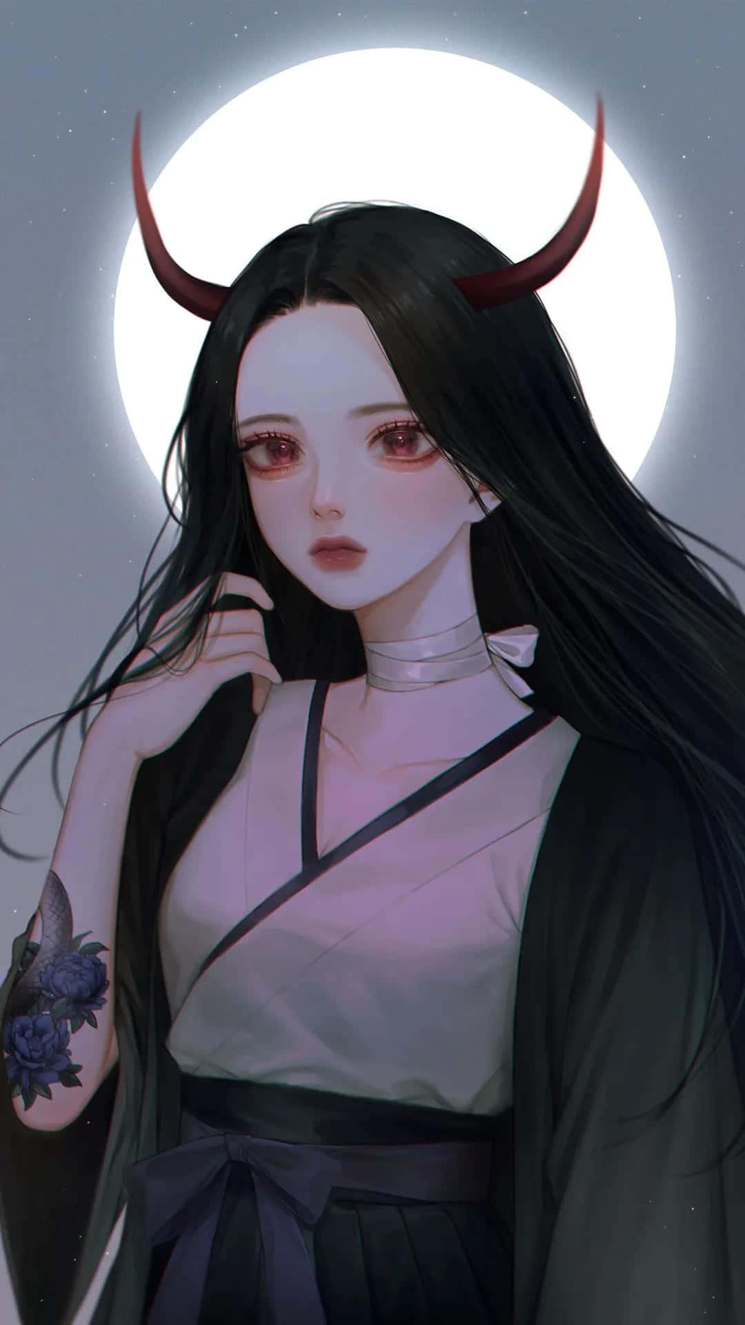 滿月下長著紅色角和玫瑰紋身的動漫女孩。