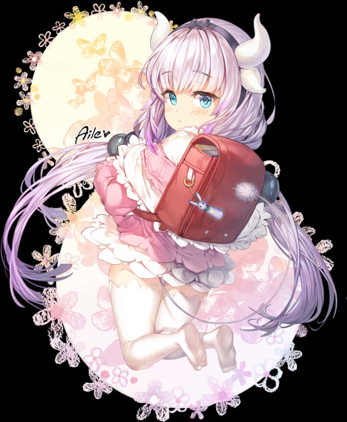 戴角與背包的動漫少女 壁紙 — 一個可愛的動漫女孩，紫色頭髮和角，抱著一個紅色背包，背景是花卉月亮。