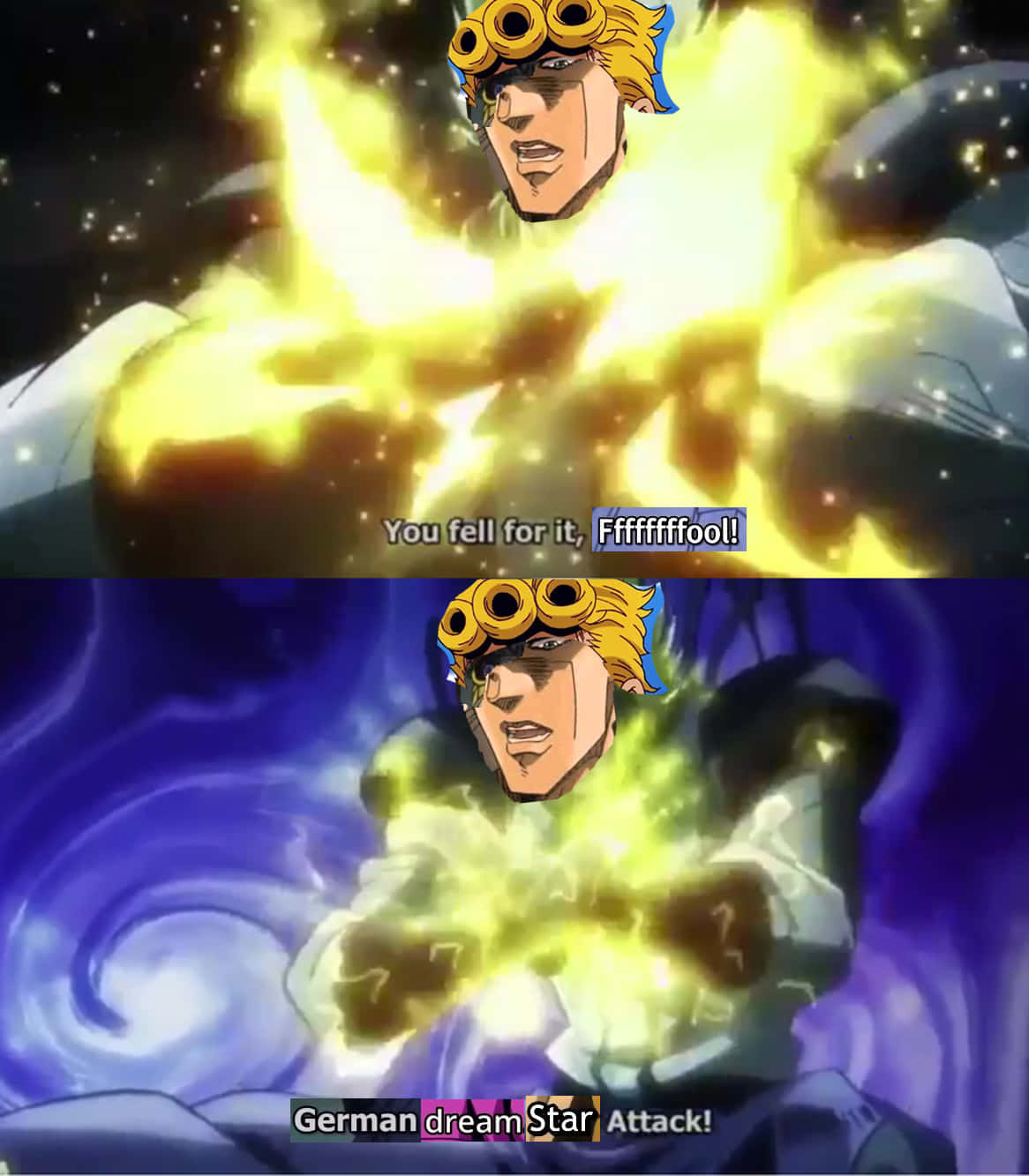 Jojo Meme 桌布 壁紙 — 戴護目鏡的動漫角色在宇宙背景下釋放出發光的黃色能量攻擊。