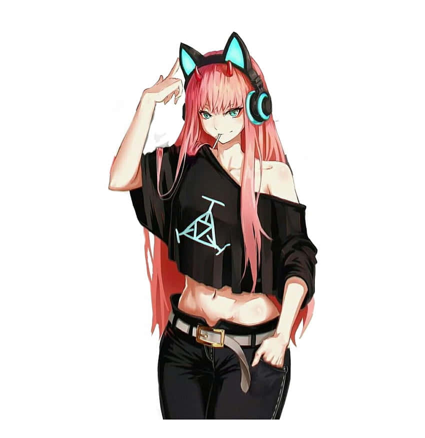 粉紅色頭髮的動漫女孩，戴著貓耳和耳機抽煙。