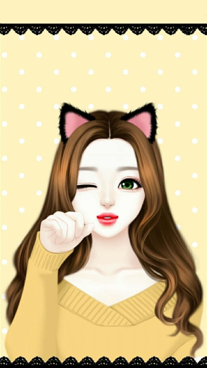 戴貓耳髮箍的動漫美少女圖片 壁紙 — 一個可愛的動漫女孩戴著貓耳，在黃色圓點背景上頑皮地眨眼。