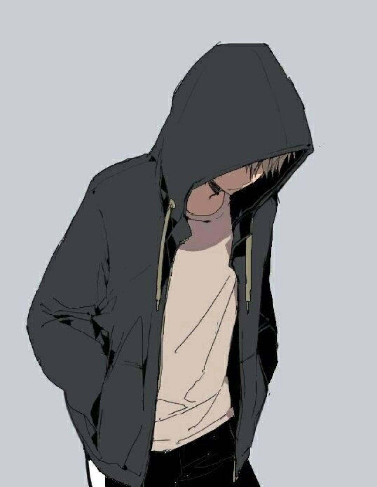 戴連帽衫的動漫男孩傷感美學 壁紙 — 一個孤獨的動漫風格人物穿著深色連帽衫，低著頭站在純灰色背景前。