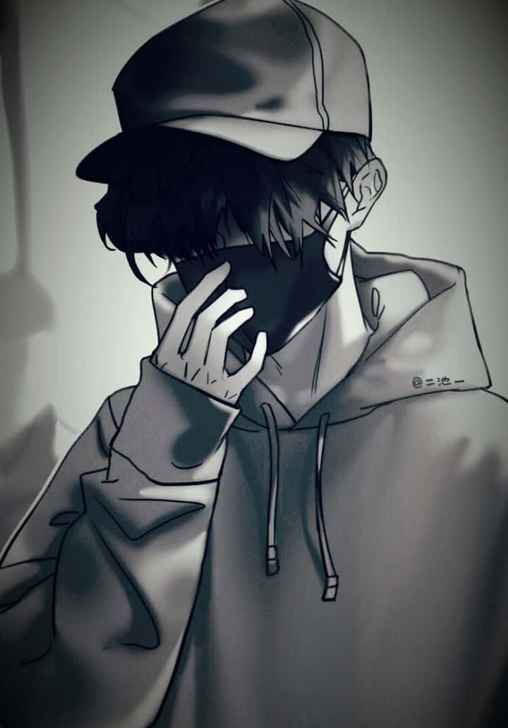 戴連帽衫與面具的神秘憂鬱男孩 壁紙 — 一個戴著連帽衫和帽子的年輕男子的單色動漫風格肖像，用手部分遮住臉。