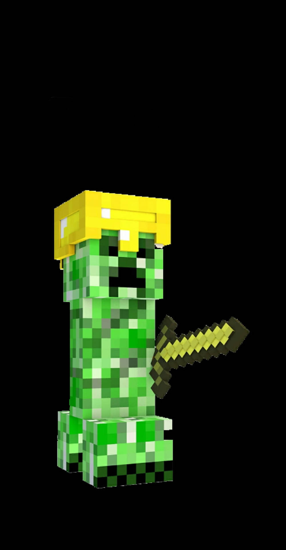 綠色像素化Minecraft爬行者手持金色劍。