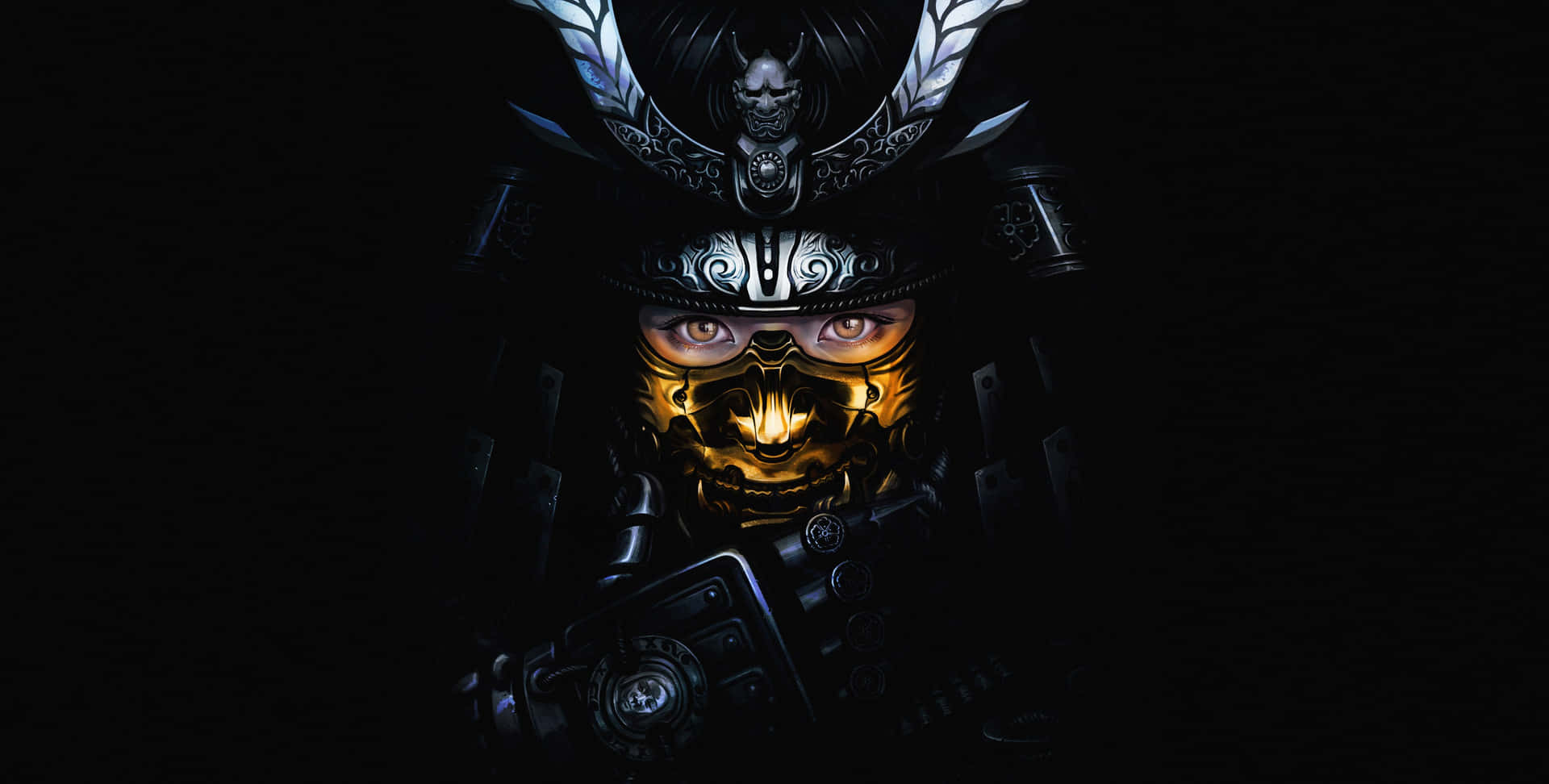 身穿深色盔甲、擁有金色發光眼睛的武士戰士，背景為黑色。