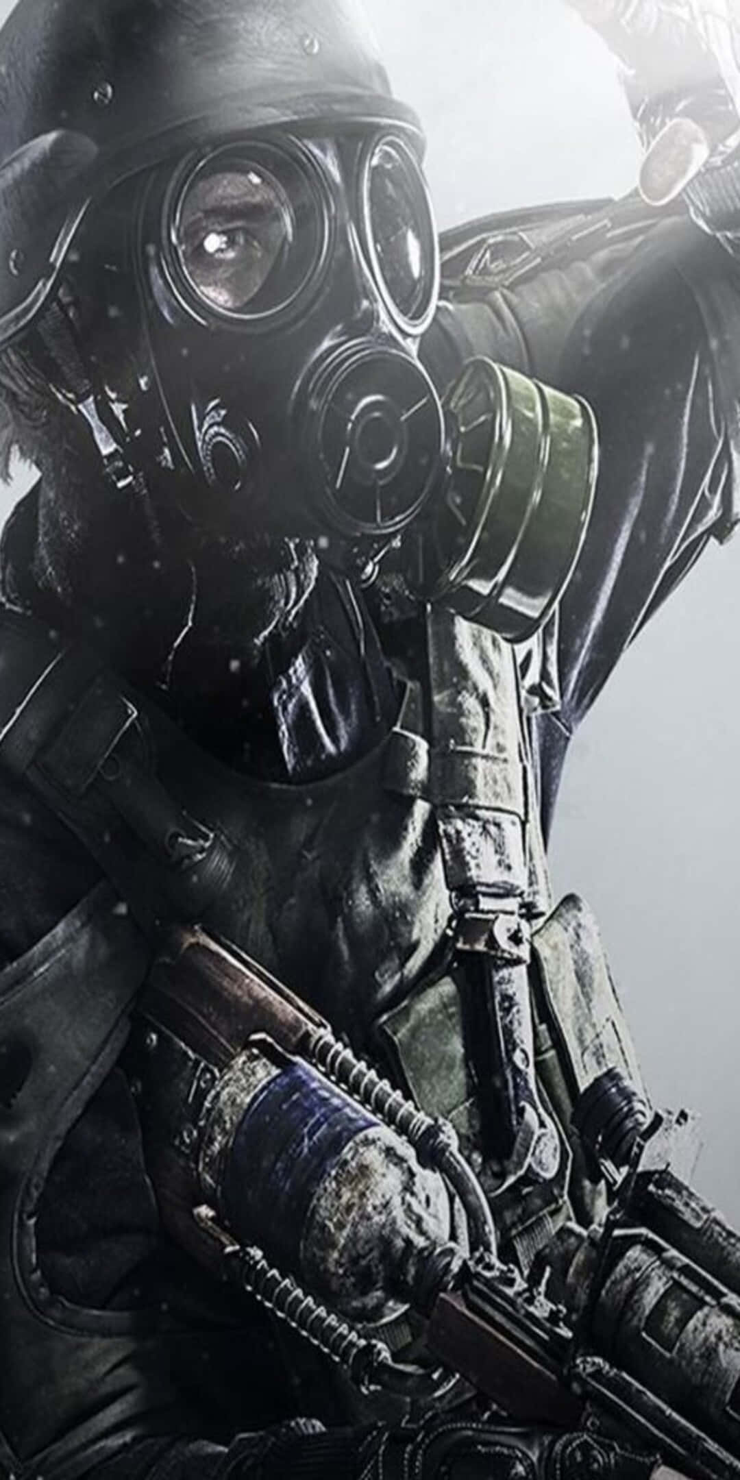 戴防毒面具士兵遮光Pixel 3《地鐵2033》背景 壁紙 — 一名戴著防毒面具和戰術裝備的士兵，在雪景背景下握著步槍。