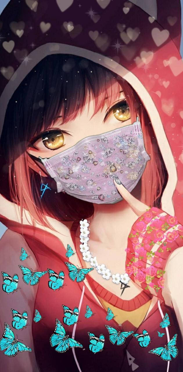 穿著連帽衫的動漫女孩戴著口罩，藍色蝴蝶在她周圍飛舞。