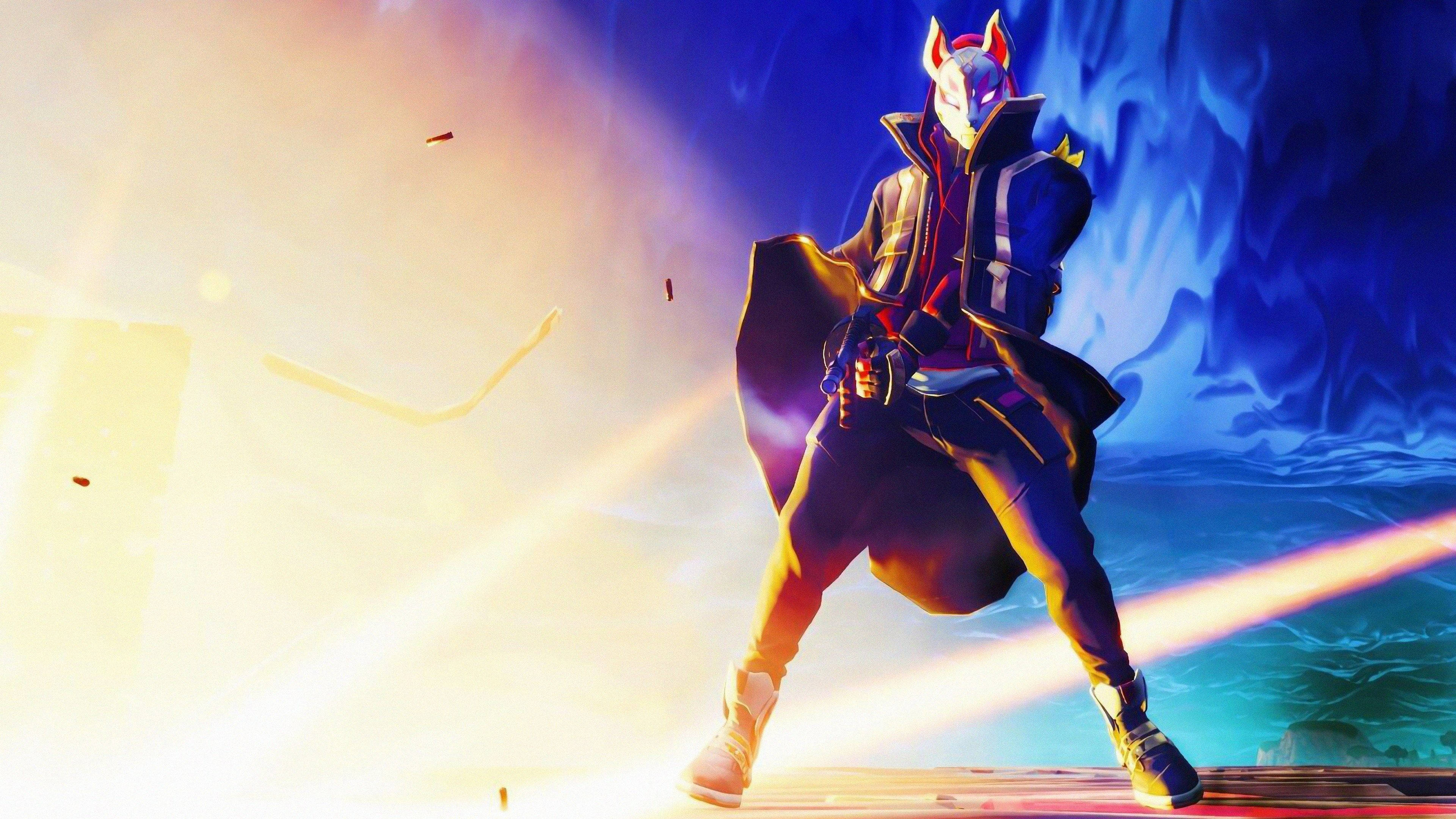 戴面具的 Drift Fortnite 指槍 壁紙 — 一個戴面具的動漫角色在爆炸性光束和旋轉藍色能量中擺出動態姿勢。