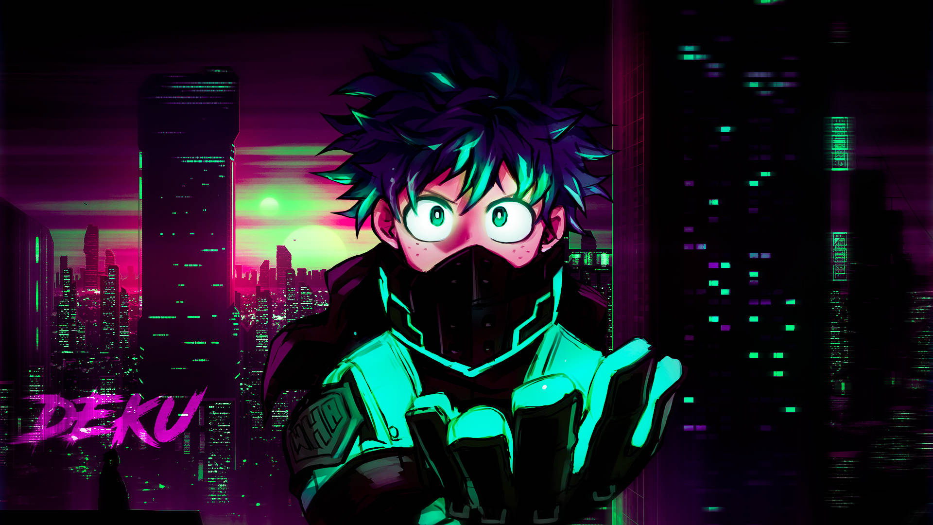 戴面具的反派 Deku 霓虹城市夜景 壁紙 — 動畫角色Deku身穿發光綠色裝備，站在夕陽下霓虹閃爍的賽博龐克城市景觀前。
