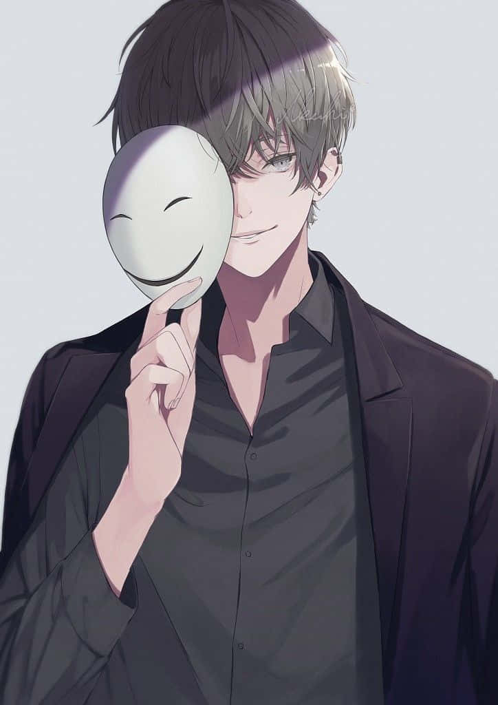 動漫男子將白色笑臉面具舉在臉前。