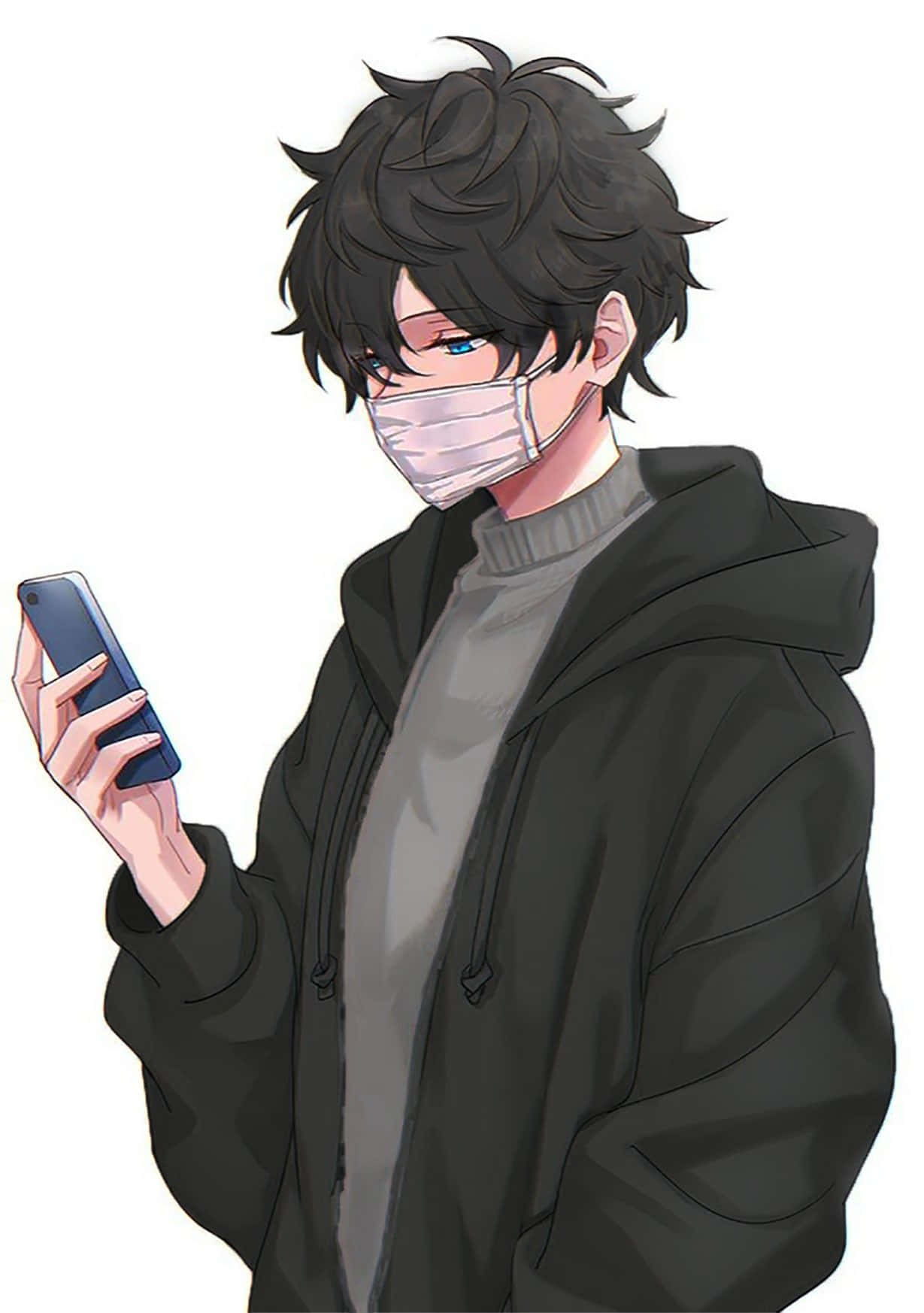 年輕動漫男子戴口罩和連帽衫手持手機
