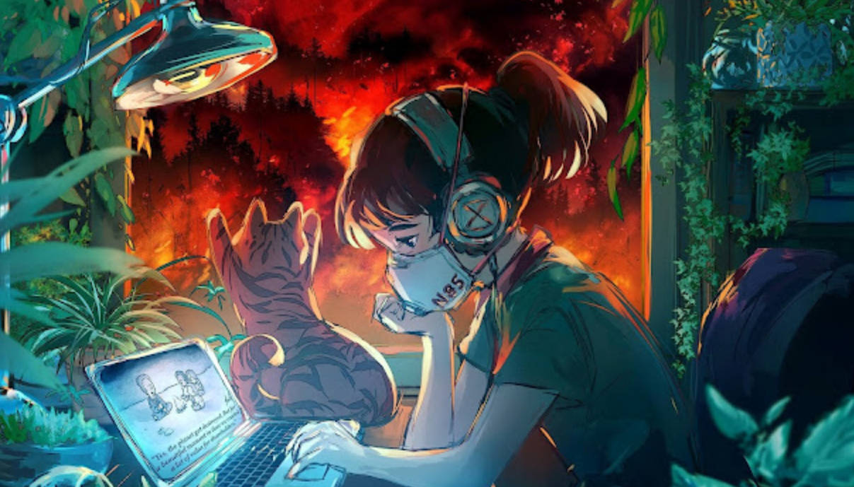 女孩與貓在燈下使用筆記本電腦，背景是燃燒的天空。
