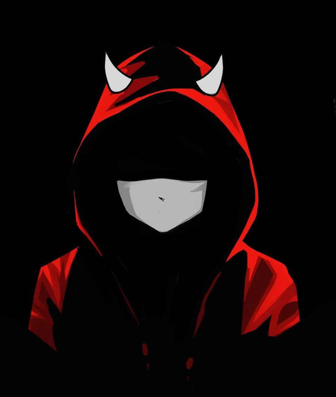 戴面具的惡魔 PS4 個人頭像 壁紙 — 一個風格化的人物，穿著紅色連帽服裝，有白色角和空白的白色臉孔，背景為黑色。