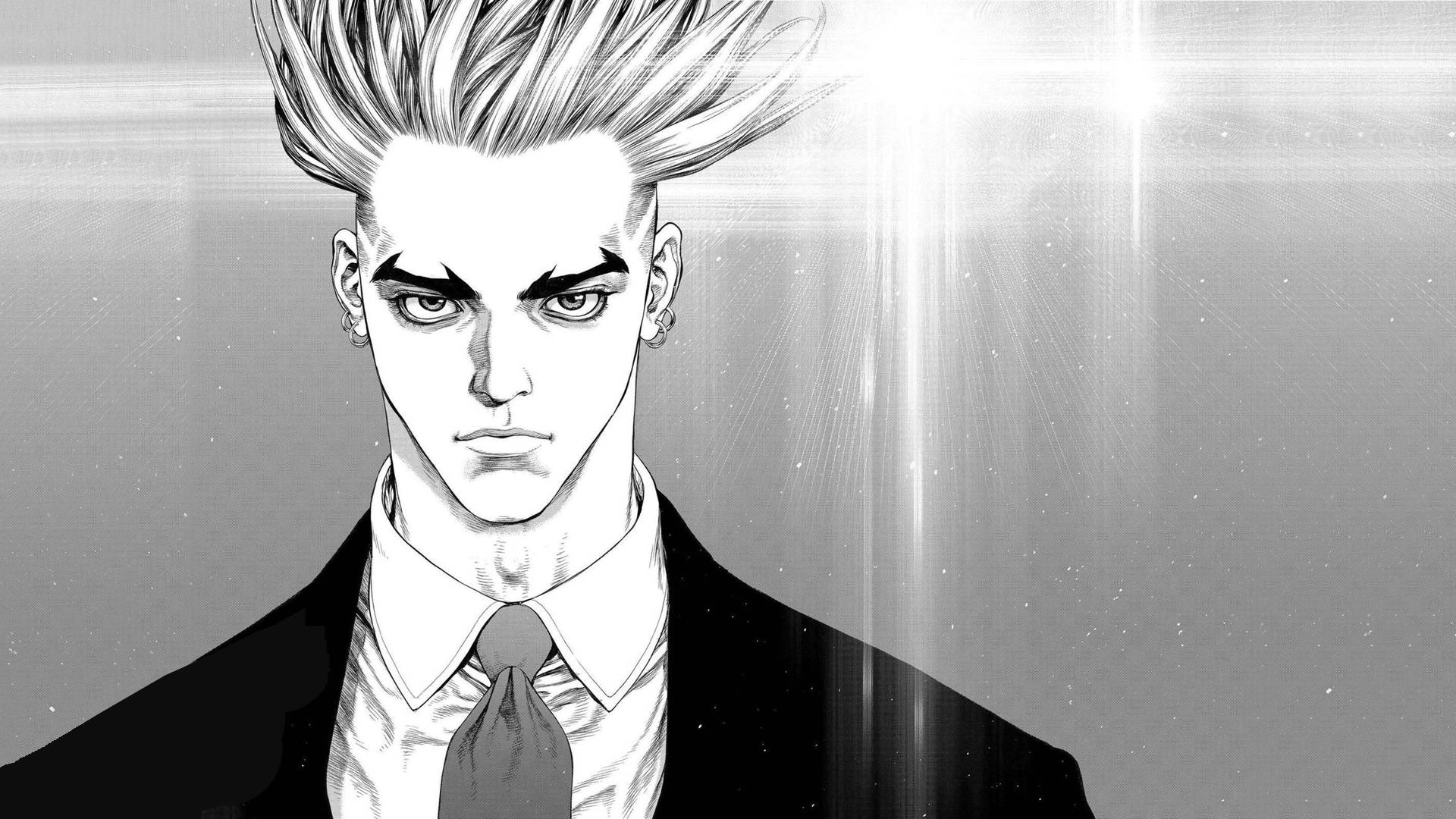 動漫男子穿西裝，尖刺頭髮，眼神銳利，背景是閃爍星空。