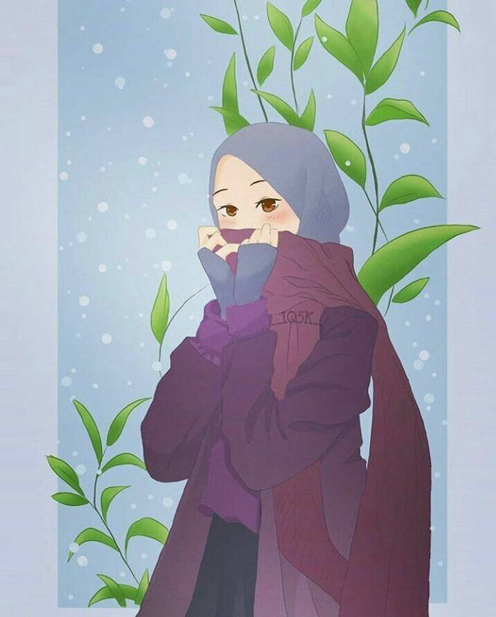 戴頭巾害羞卡通女孩 壁紙 — 一位身穿紫色頭巾和外套的年輕女子站在綠色藤蔓旁，背景是雪白的藍色。