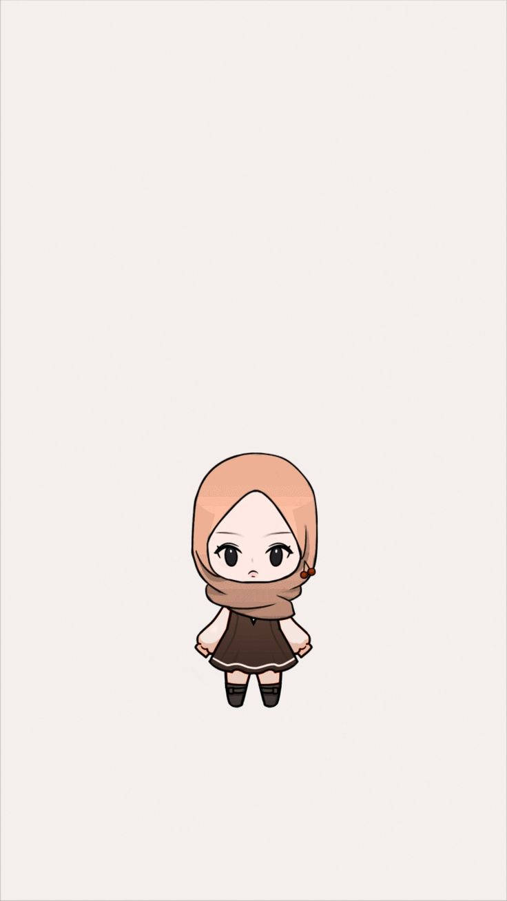 戴頭巾小女孩卡通 壁紙 — 一個可愛的Q版動漫女孩，戴著桃色頭巾，穿著棕色連衣裙，站在純米色背景中央。