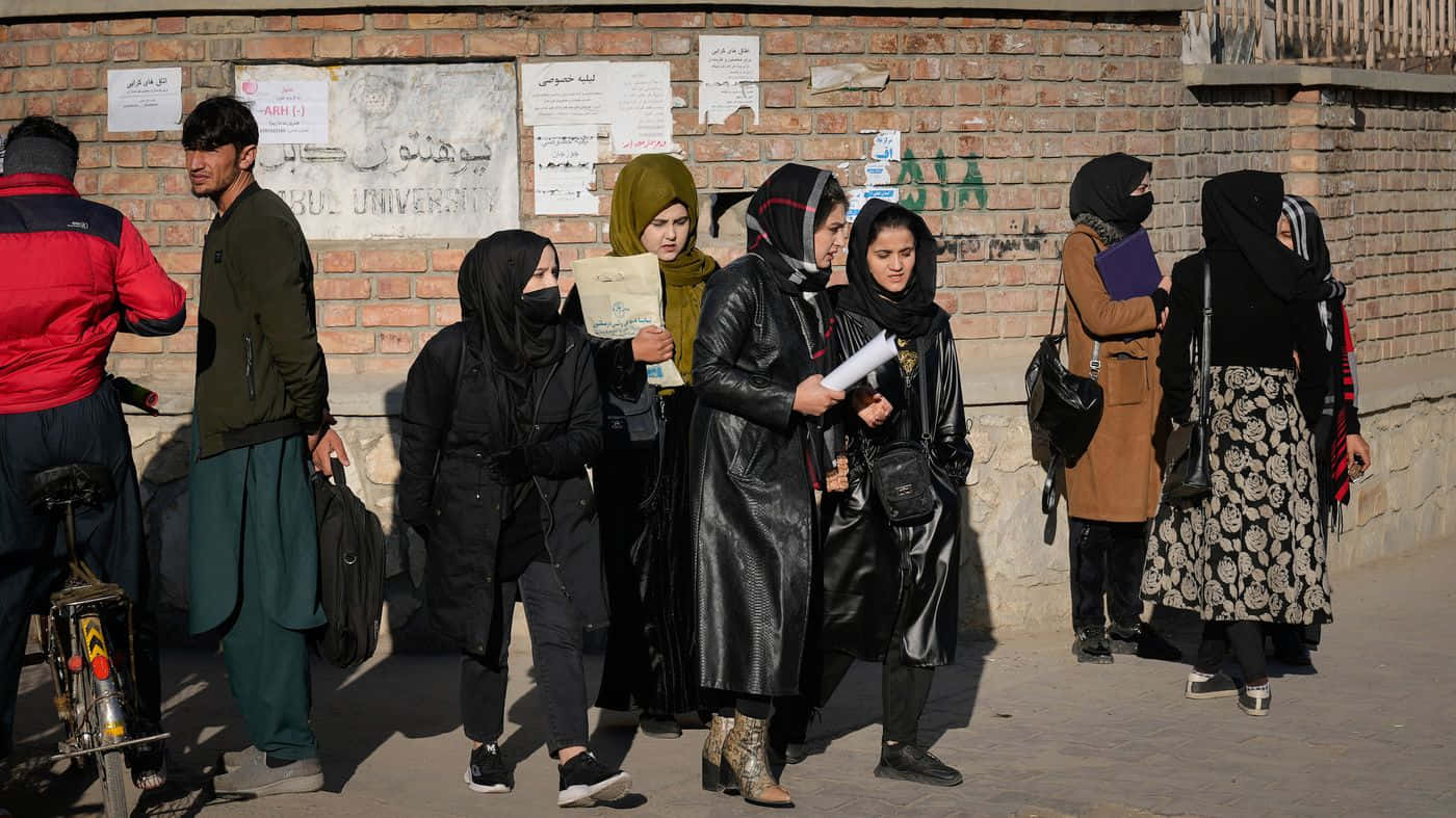 Taliban 桌布 壁紙 — 戴頭巾的學生在明亮的日光下拿著文件走在磚砌大學牆外。