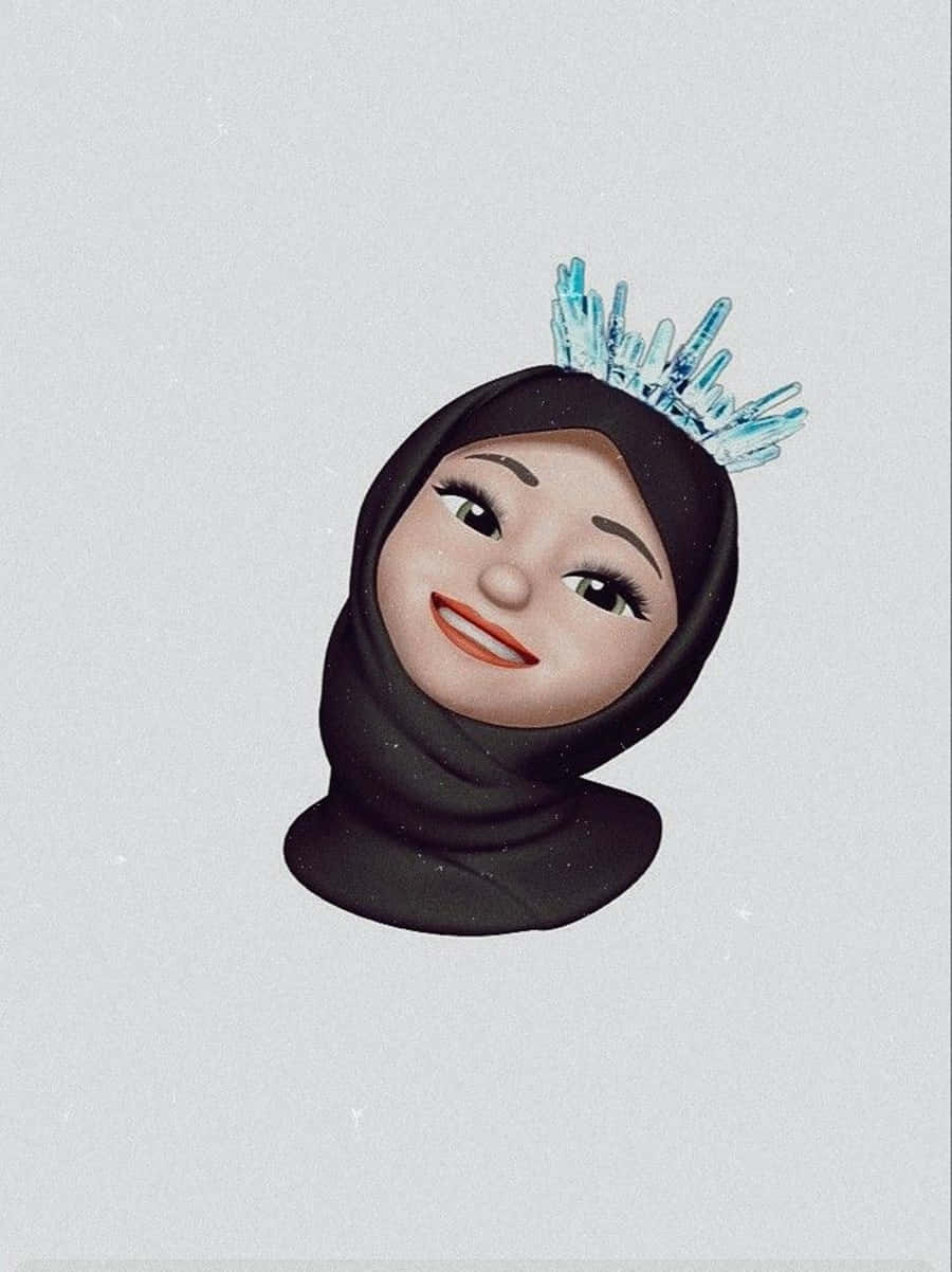 戴頭巾與皇冠的Emoji女孩 壁紙 — 一位快樂的插圖女性，戴著黑色頭巾和閃閃發光的藍色水晶皇冠，背景是柔和的灰色。