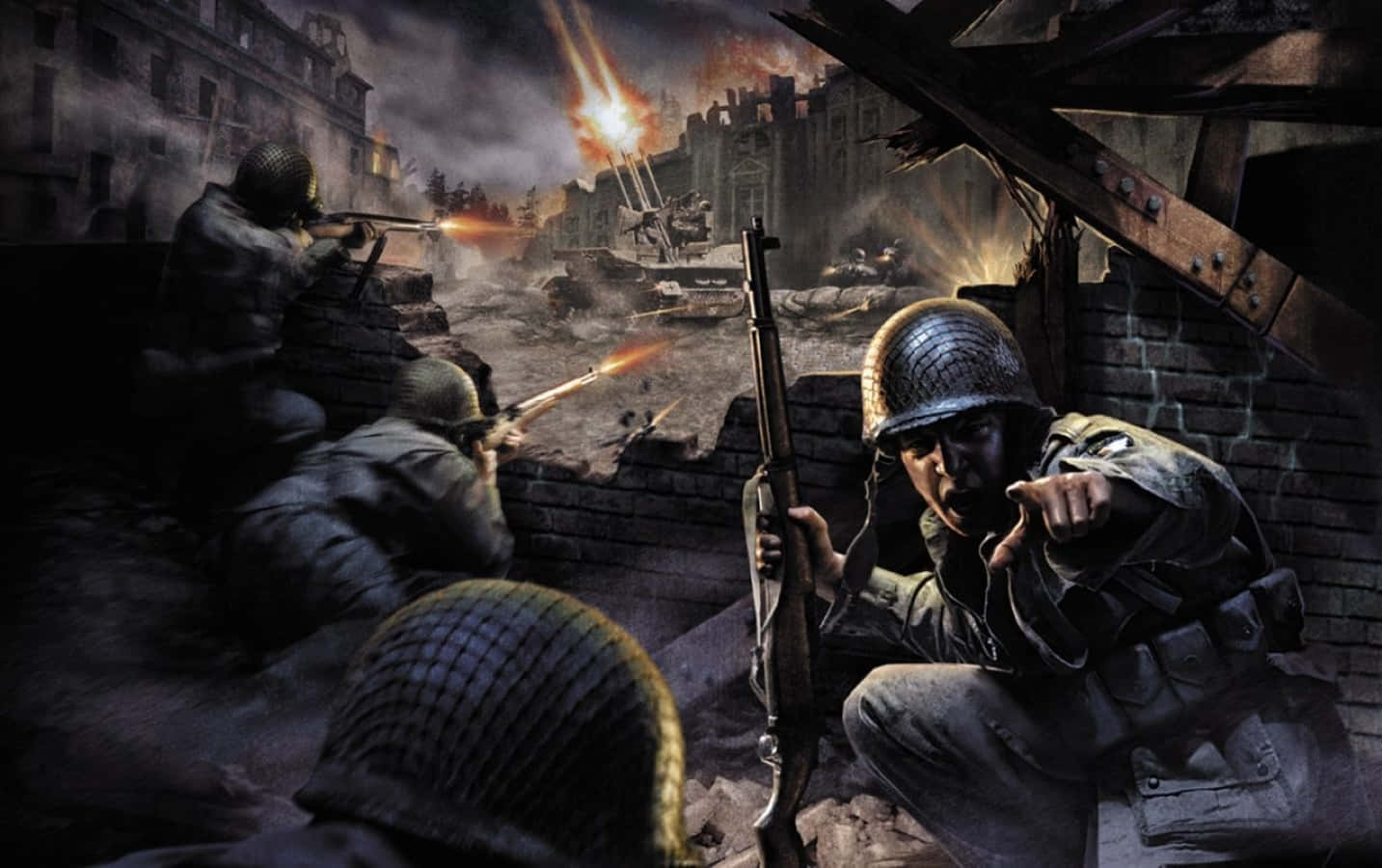Call Of Duty Battles 桌布 壁紙 — 戴頭盔的士兵從瓦礫中發射步槍，爆炸照亮了燃燒的戰火摧殘的城市街道。