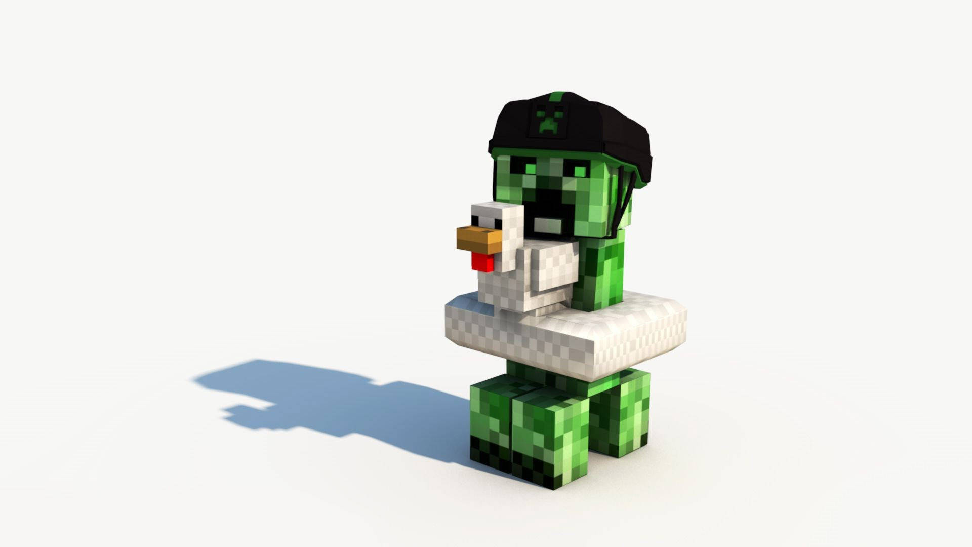 戴頭盔的苦力怕與雞 壁紙 — 一個像素化的Minecraft苦力怕戴着黑色帽子，坐在一隻白雞上，背景是純白色。