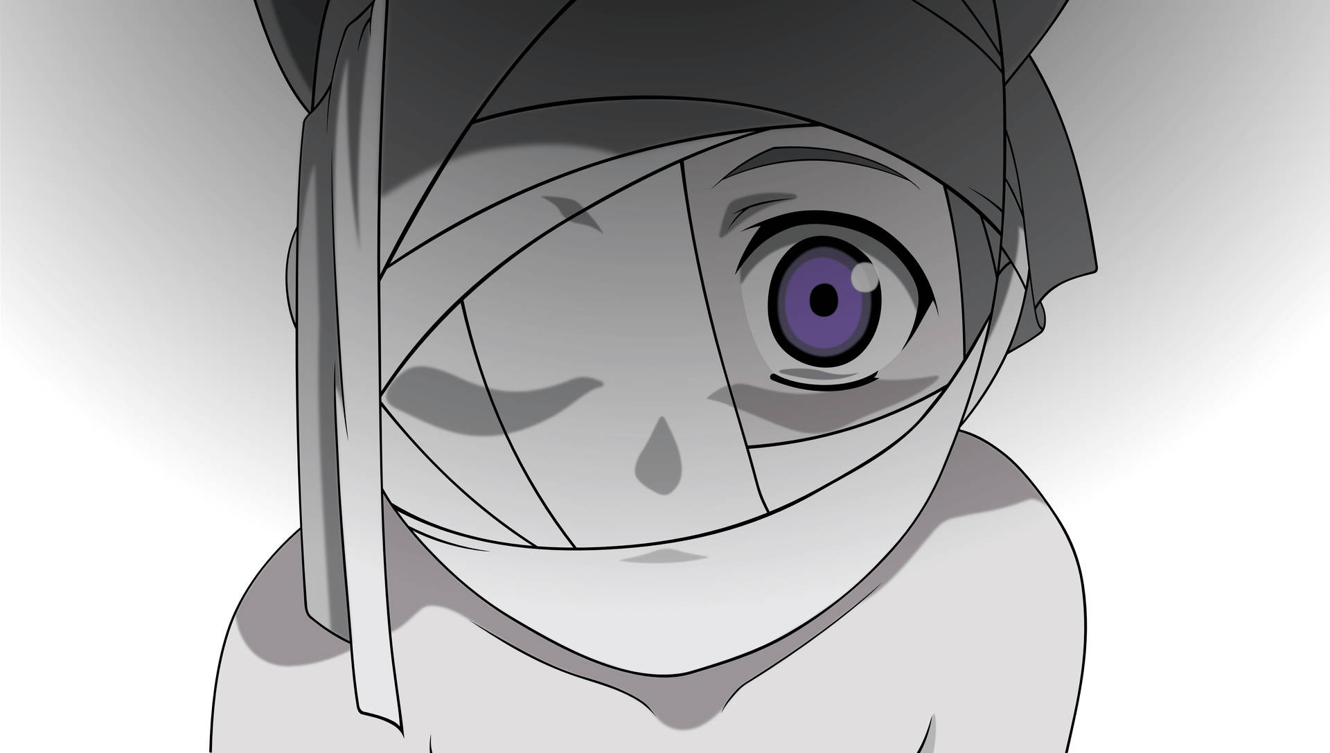 戴頭部繃帶的動漫男孩頭像 壁紙 — 一個動漫角色的特寫，一隻眼睛纏著繃帶，單一鮮豔的紫色虹膜在純色背景下強烈凝視。