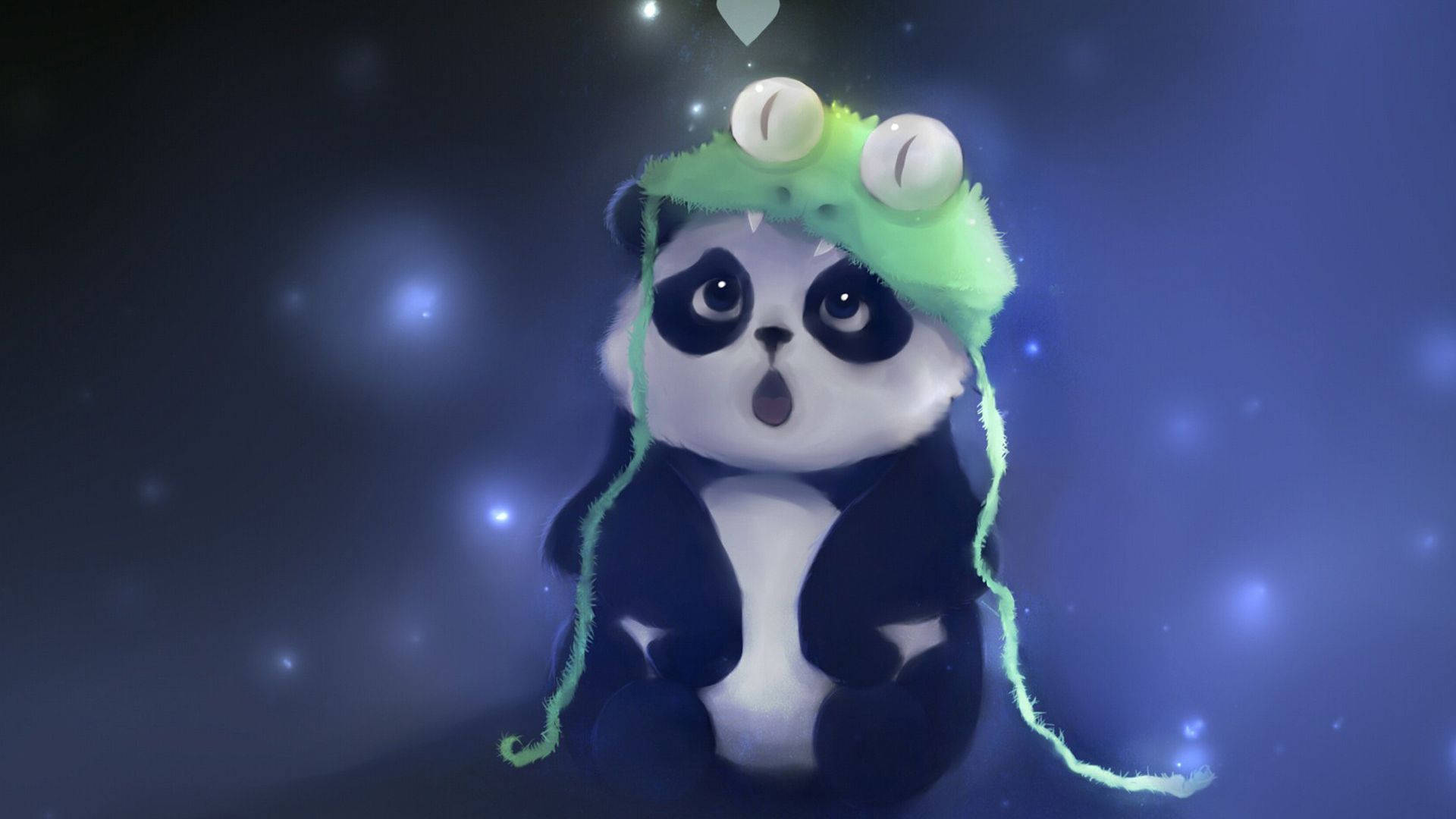 一隻卡通熊貓戴著綠色青蛙帽，背景是星空夜空。