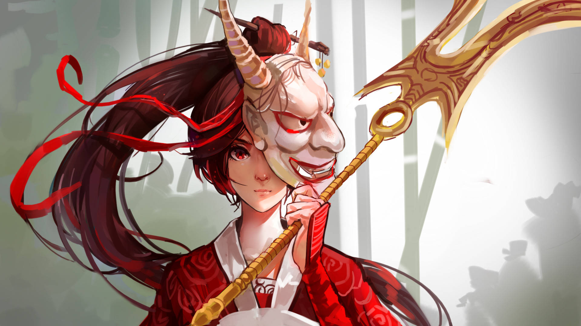 動漫戰士身穿紅色和服，在竹林中手持惡魔面具和華麗武器。
