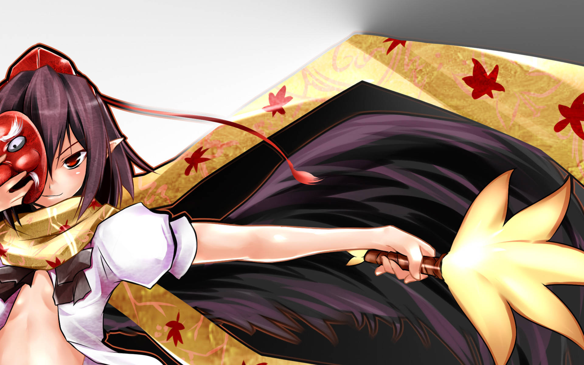 動漫女孩手持紅色面具和發光扇子，背景是楓葉圖案。
